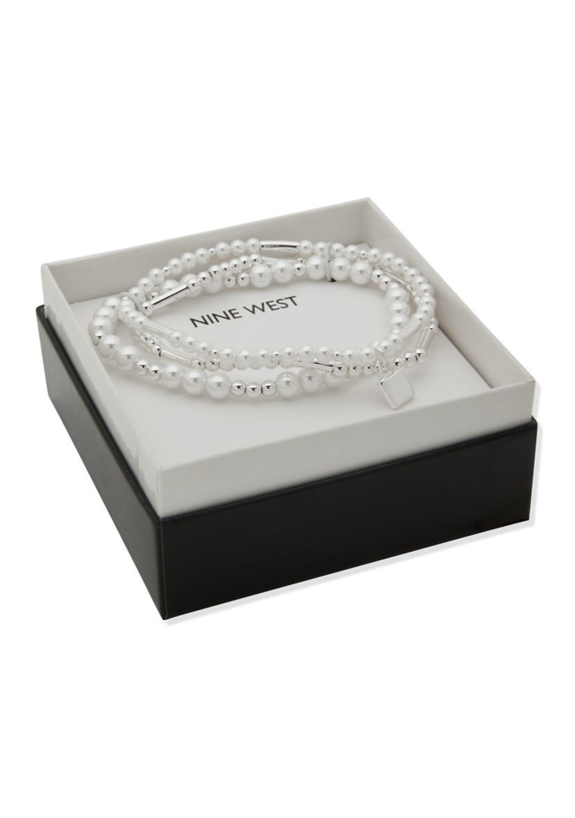 Three Silver Tone Pearl Stretch Bracelets