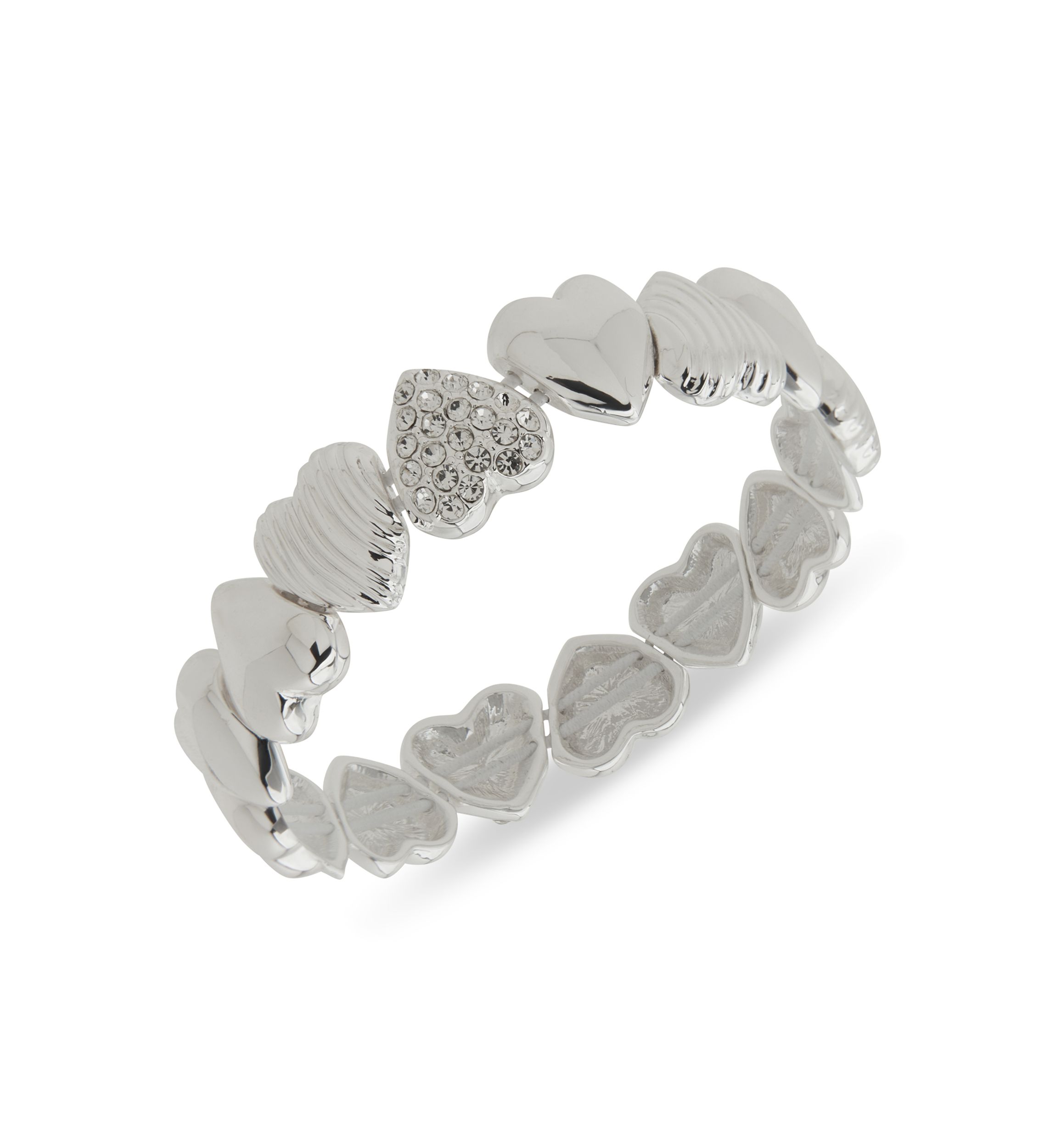 Silver Tone Crystal Puffy Heart Stretch Bracelet
