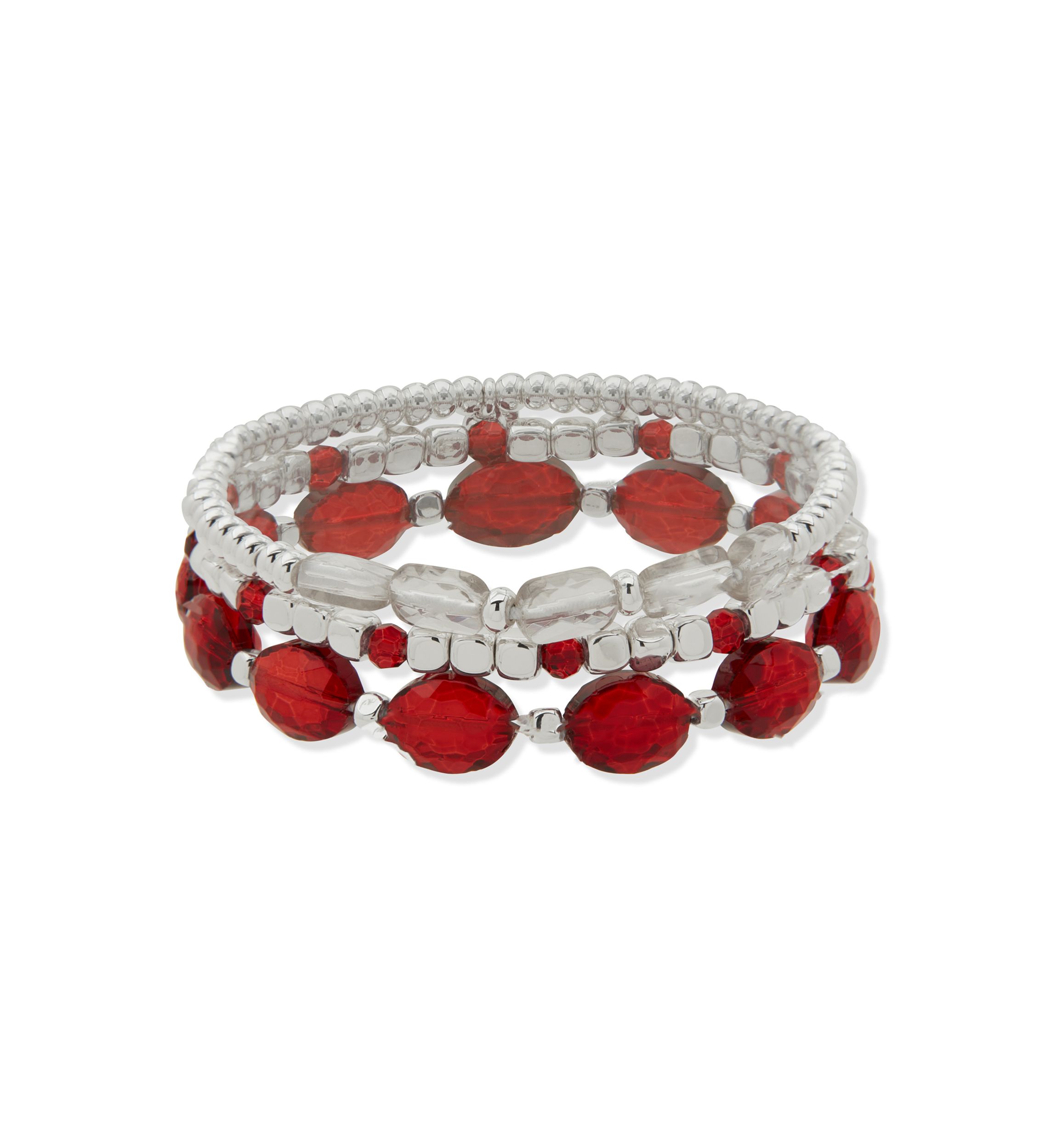 Silver Tone Red Beaded 3 Stretch Bracelet