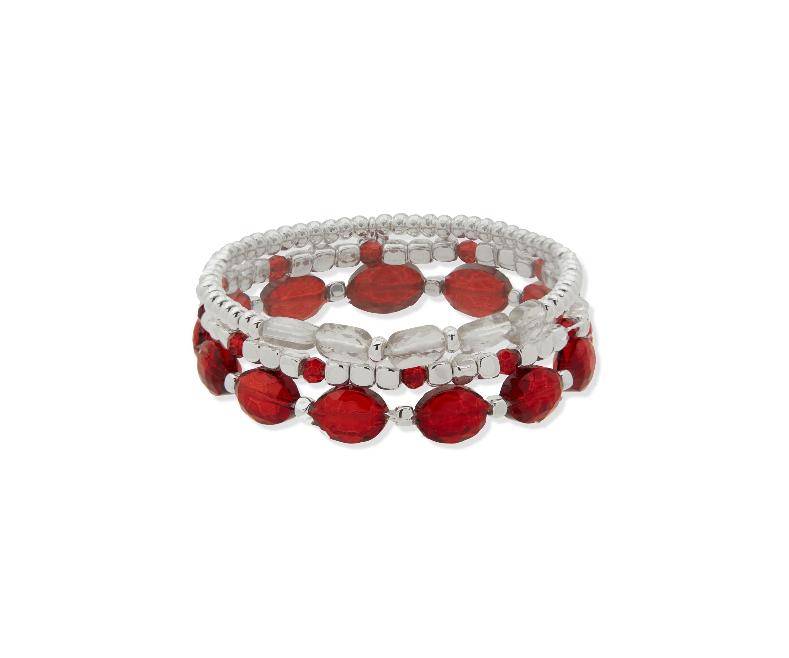 Silver Tone Red Beaded 3 Stretch Bracelet