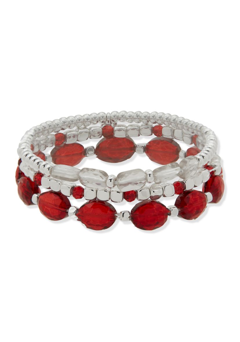 Silver Tone Red Beaded 3 Stretch Bracelet