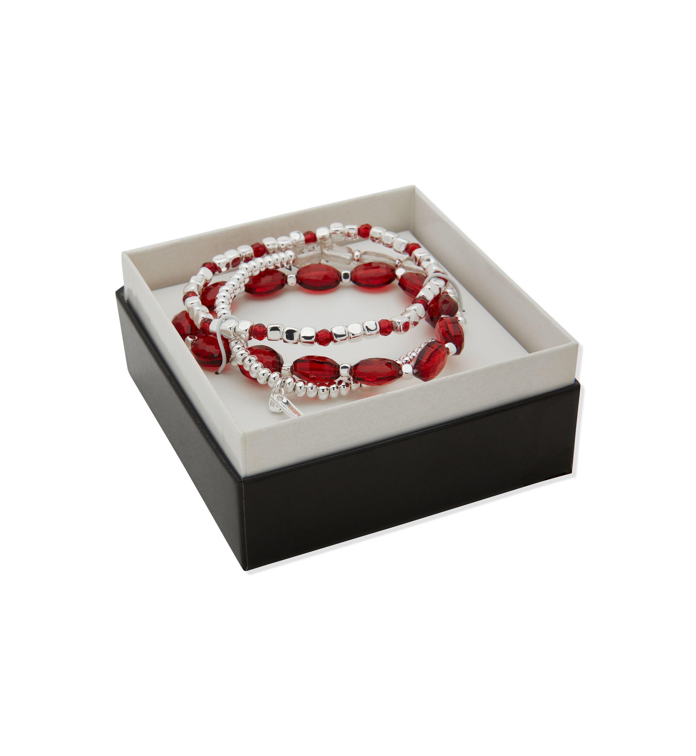 Silver Tone Red Beaded 3 Stretch Bracelet