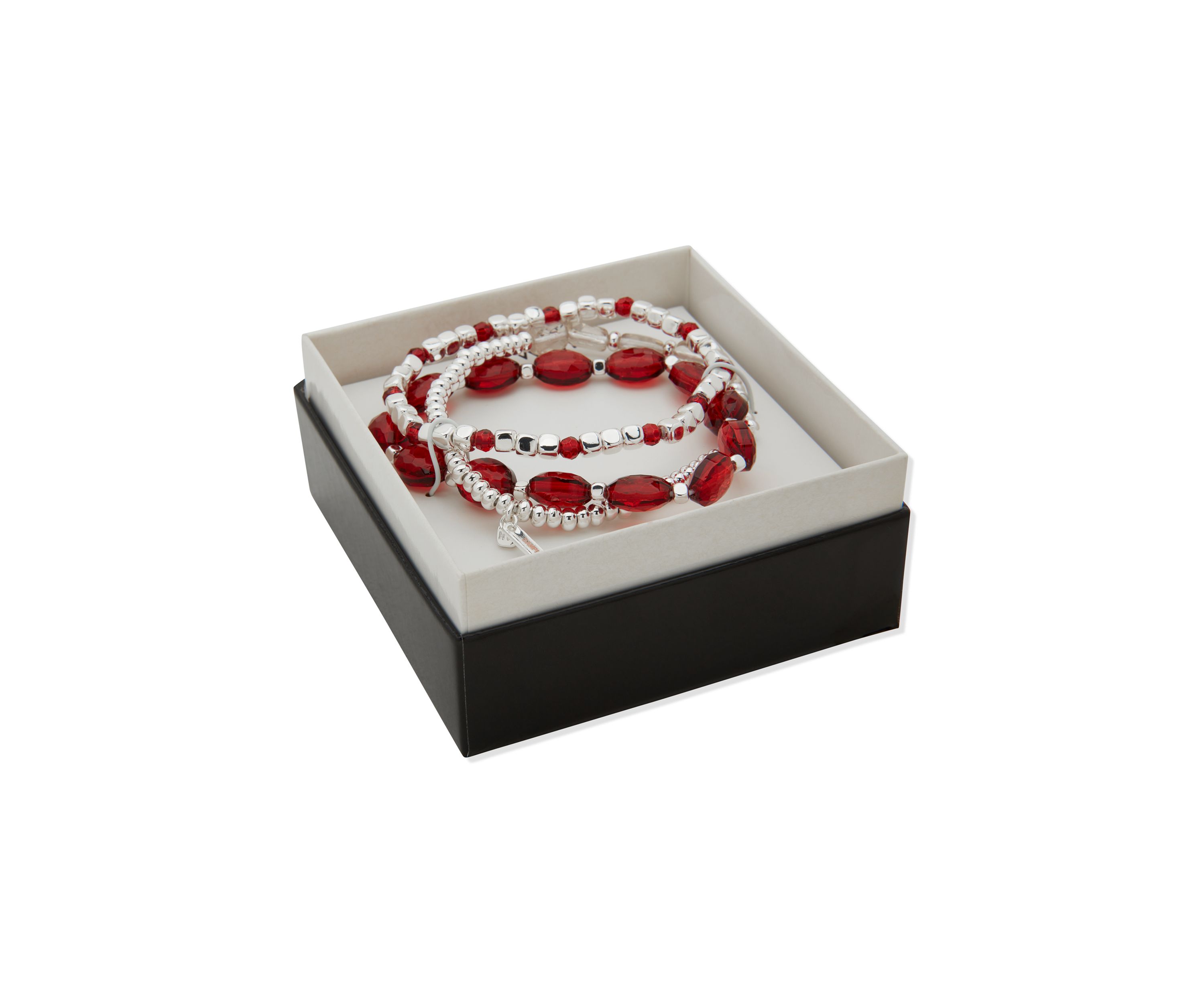 Silver Tone Red Beaded 3 Stretch Bracelet