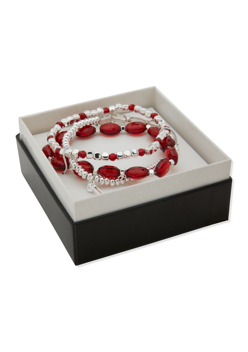 Silver Tone Red Beaded 3 Stretch Bracelet