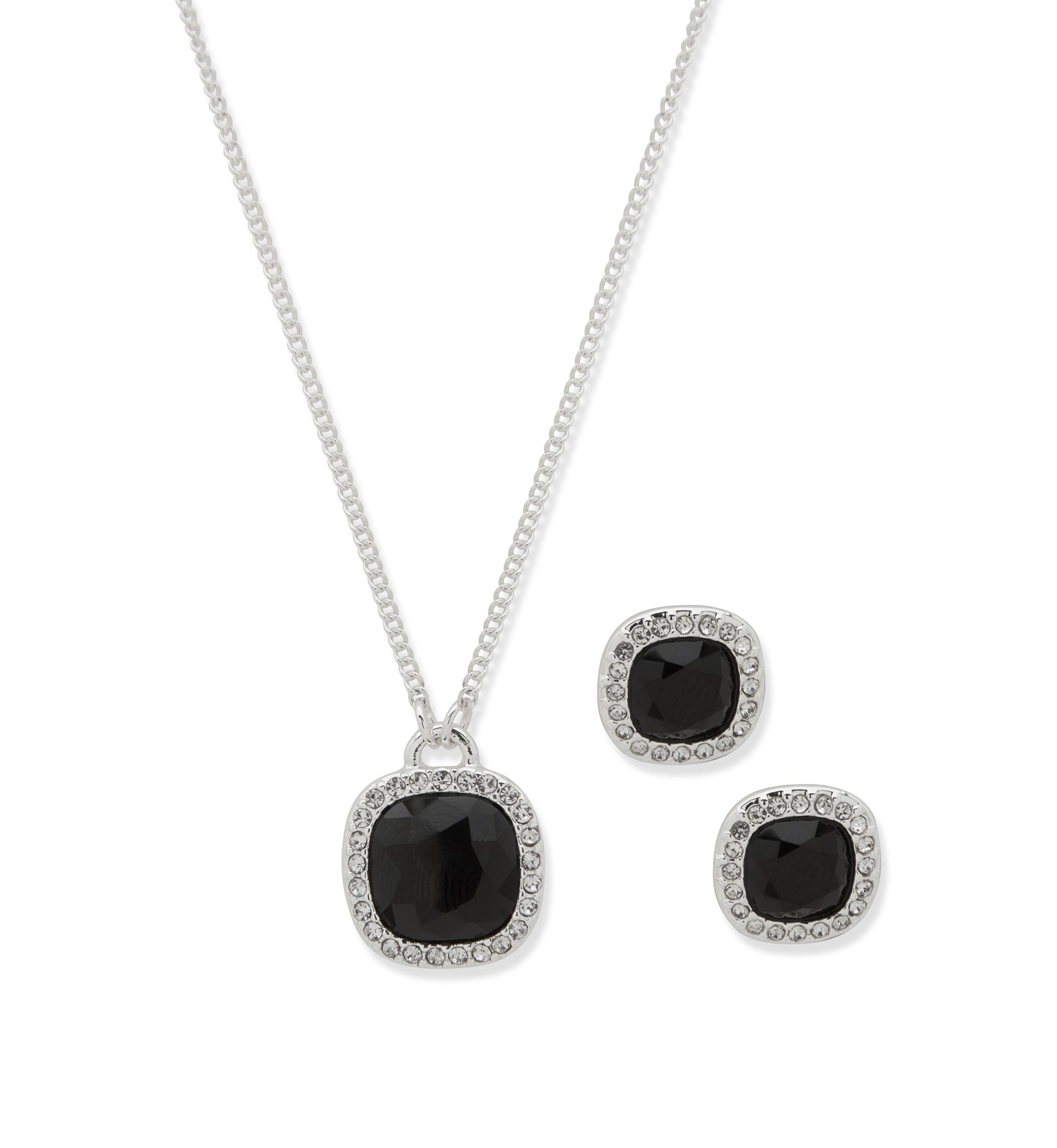 Silver Tone Jet Square Gem Necklace Earring Set