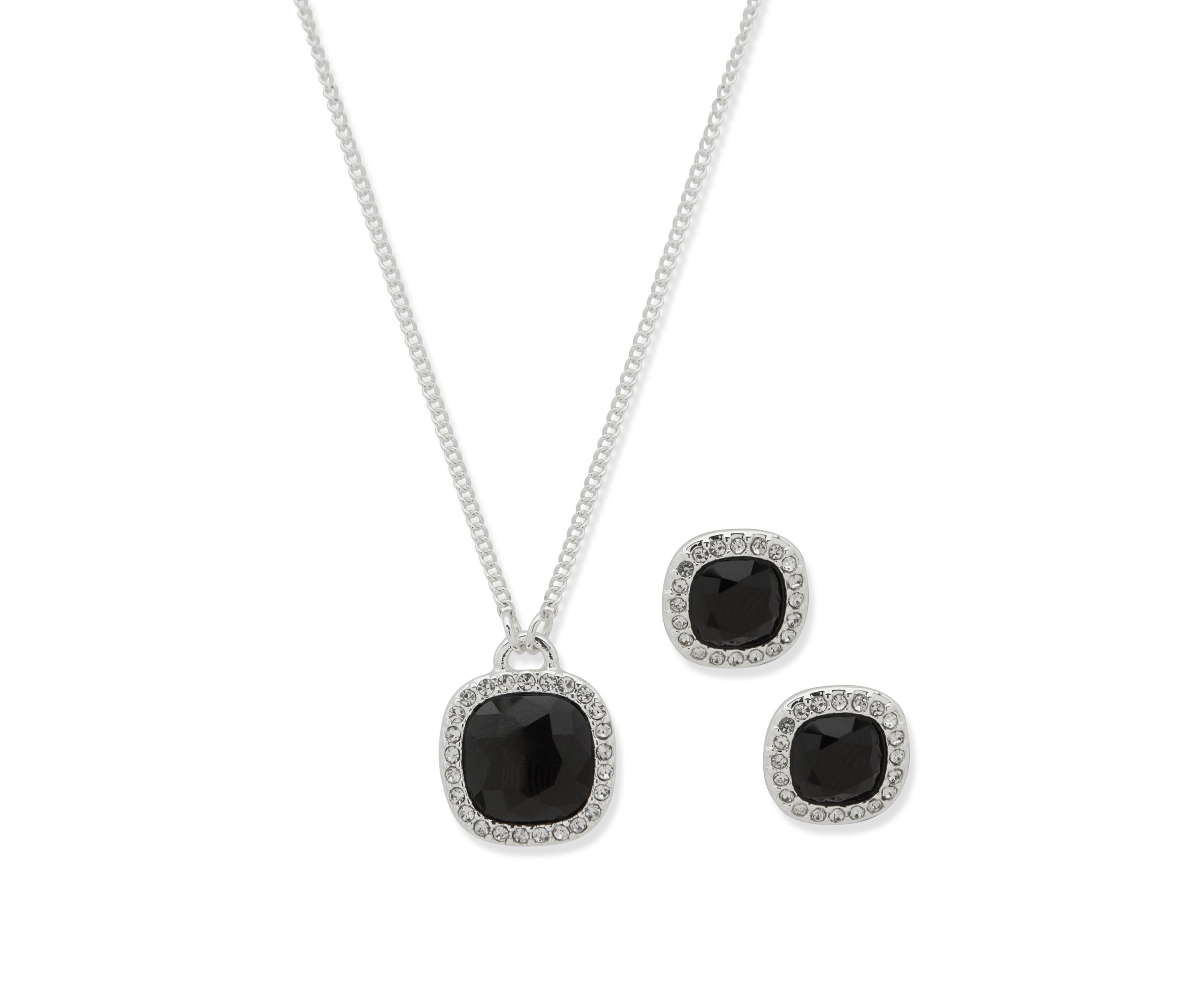 Silver Tone Jet Square Gem Necklace Earring Set