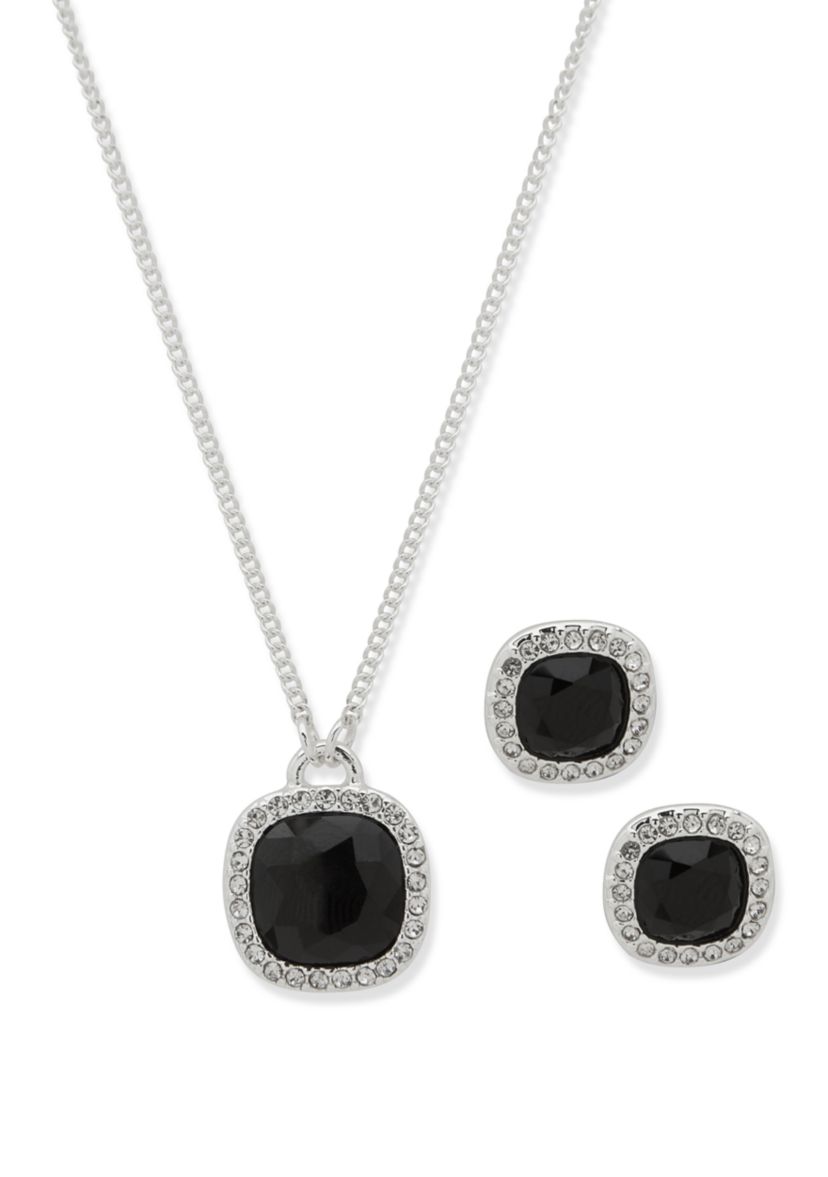 Silver Tone Jet Square Gem Necklace Earring Set