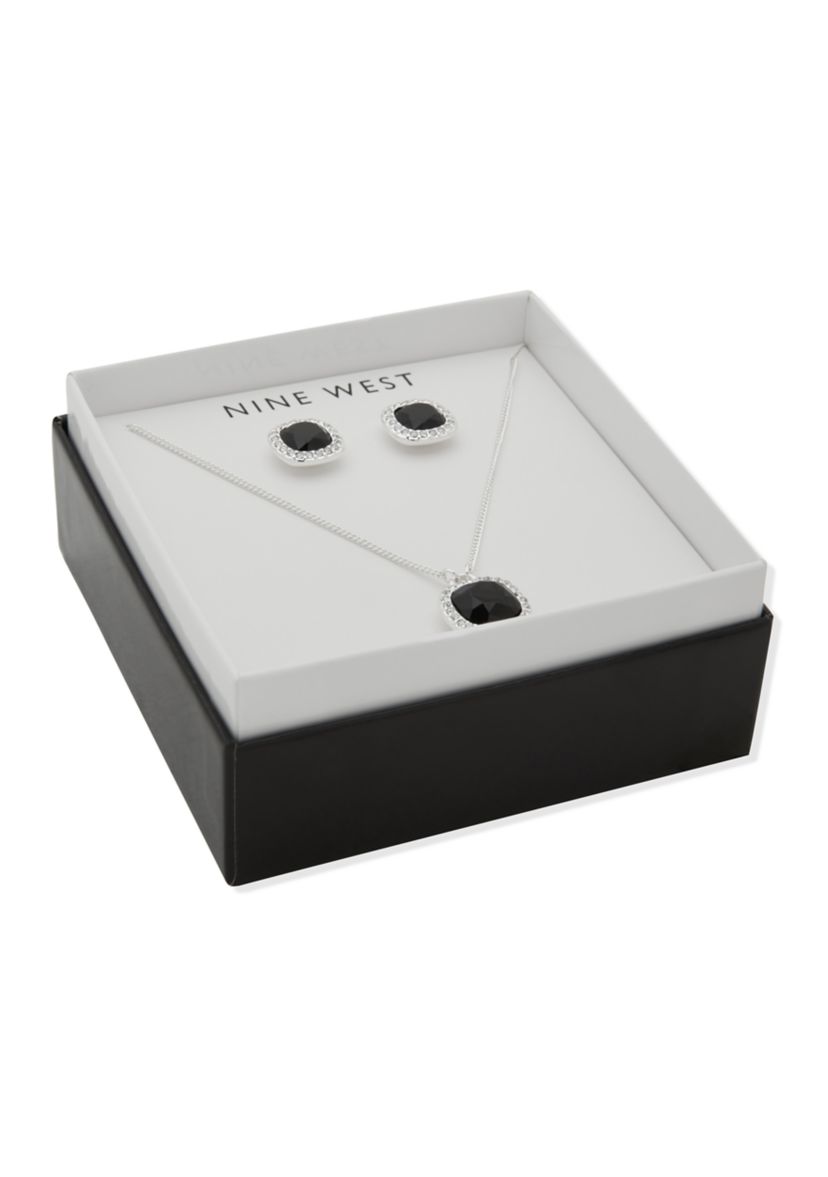 Silver Tone Jet Square Gem Necklace Earring Set