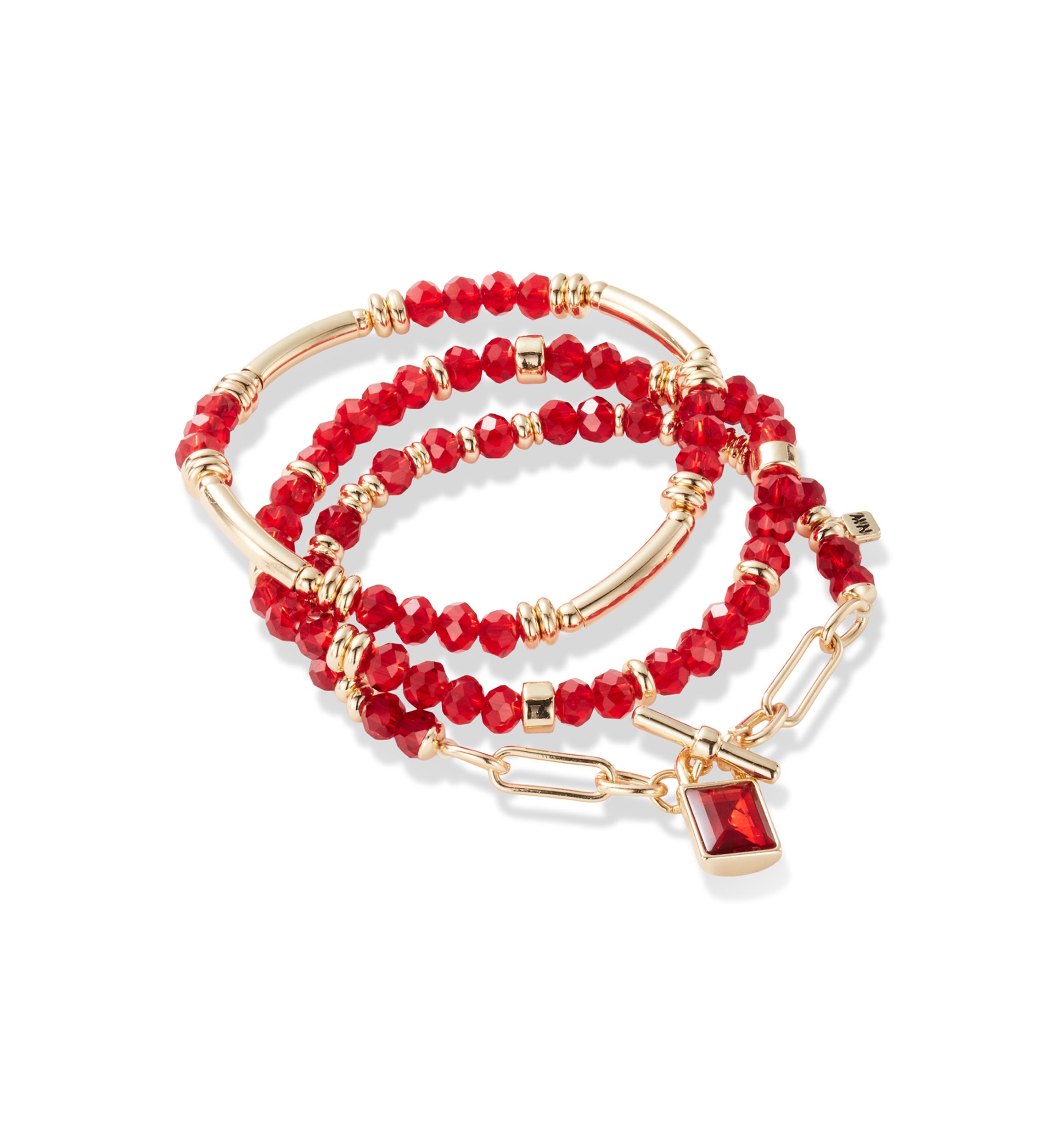 Gold Tone Red Beaded Bracelet Set