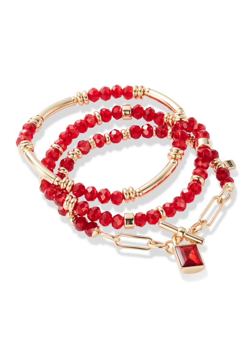Gold Tone Red Beaded Bracelet Set
