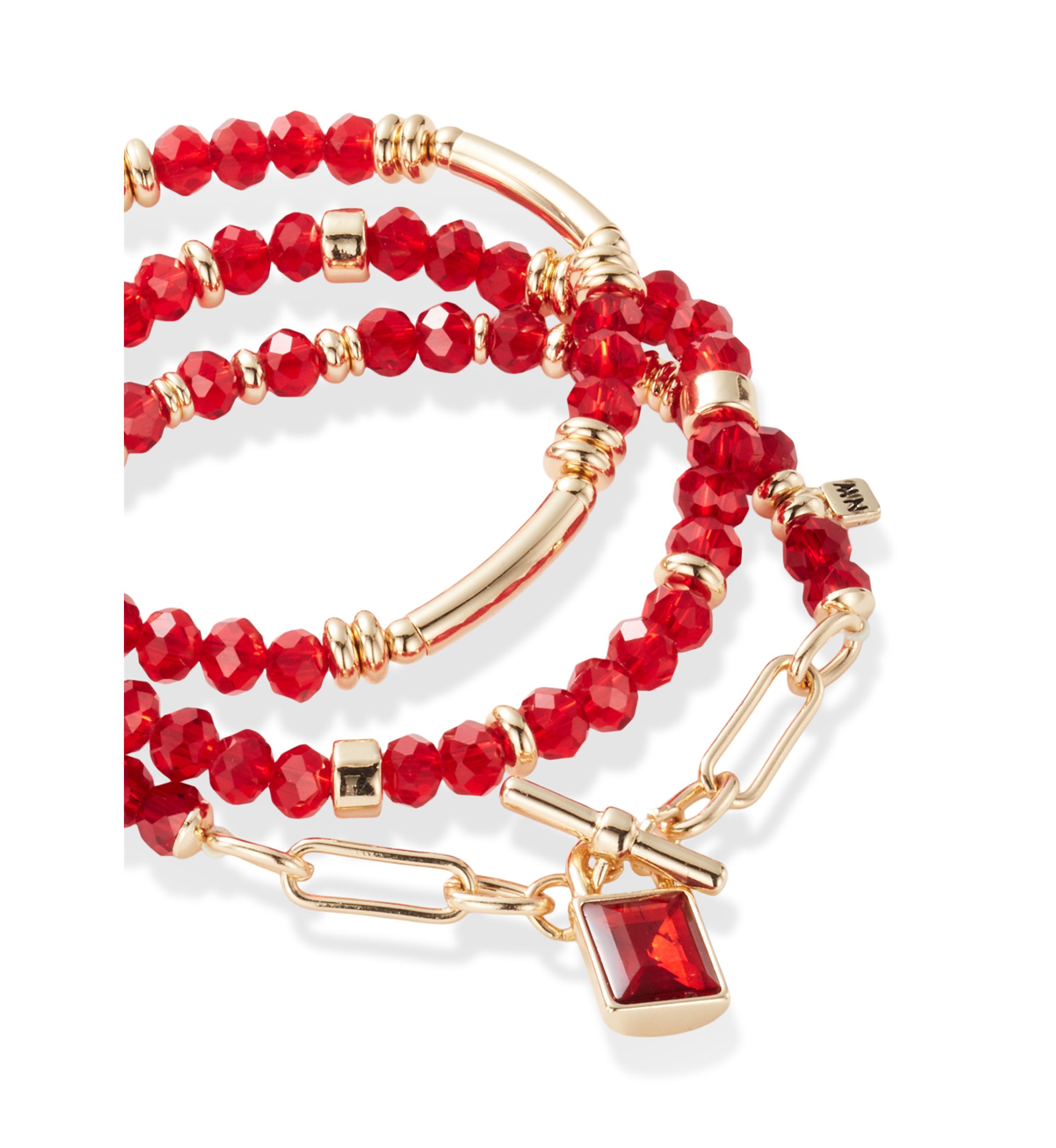 Gold Tone Red Beaded Bracelet Set