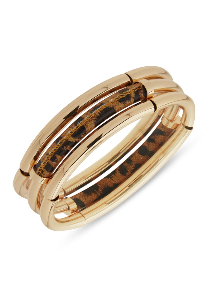 Gold Tone Brown Leopard Stretch Bracelet Set
