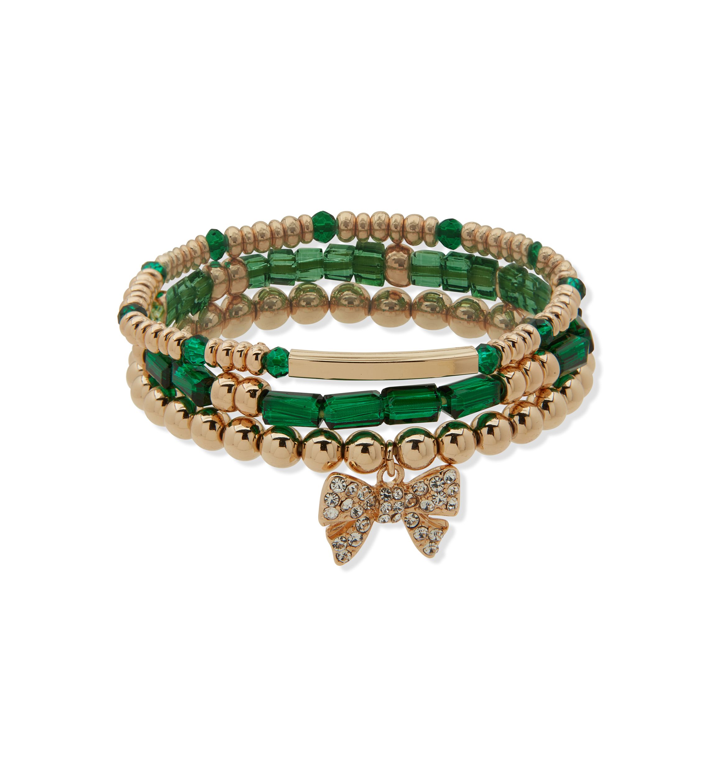 Tri Tone Green Bow Charm Stretch Bracelet