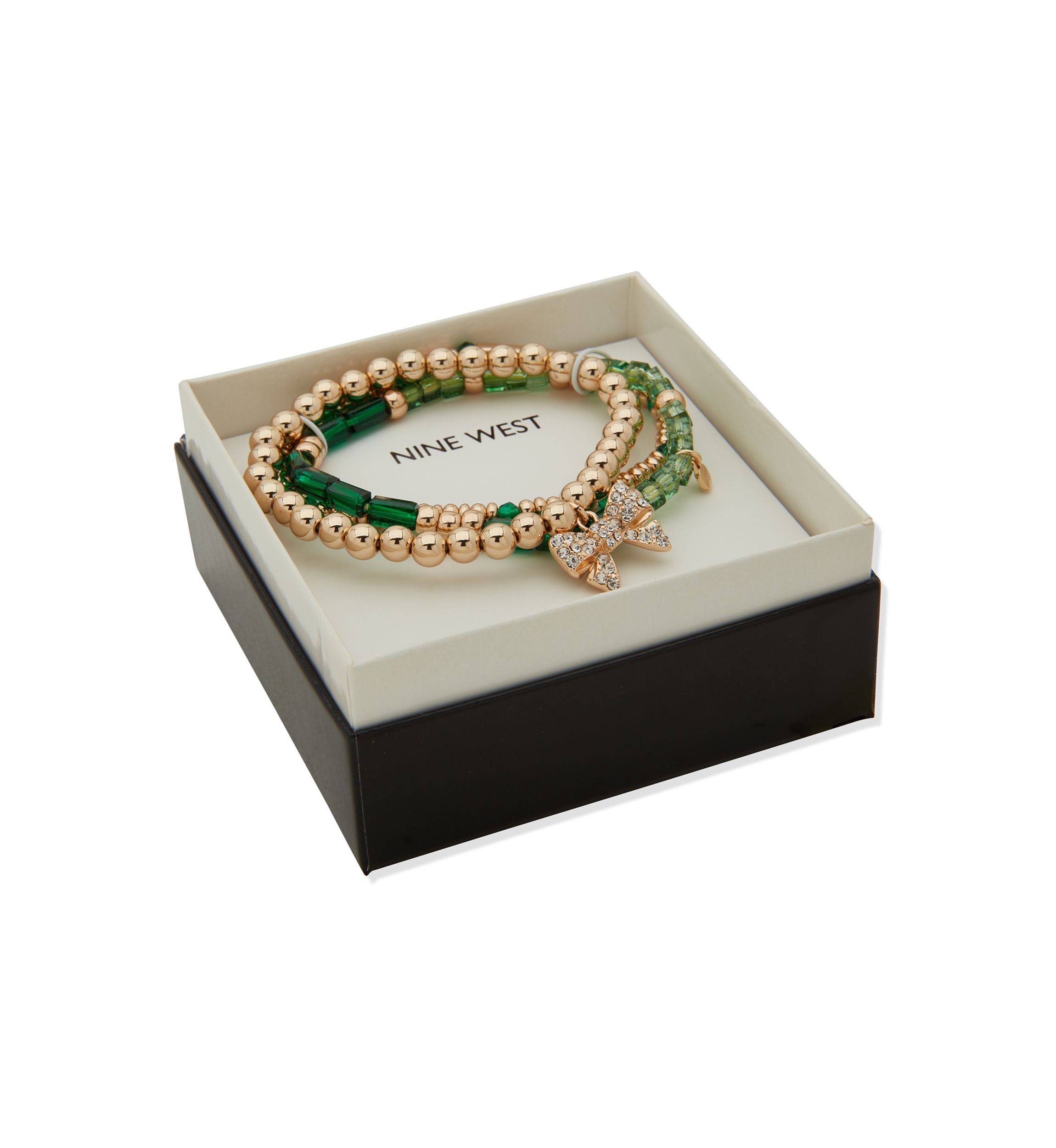 Tri Tone Green Bow Charm Stretch Bracelet