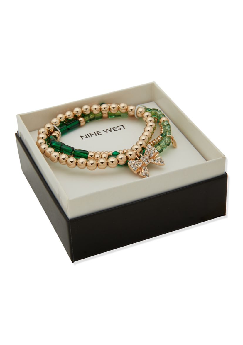 Tri Tone Green Bow Charm Stretch Bracelet