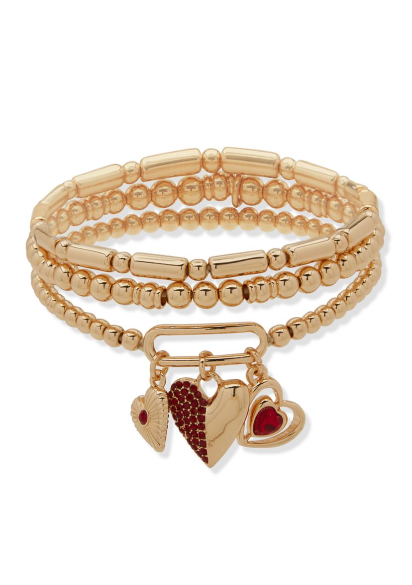 Gold Tone Siam Heart Stretch Bracelet Set