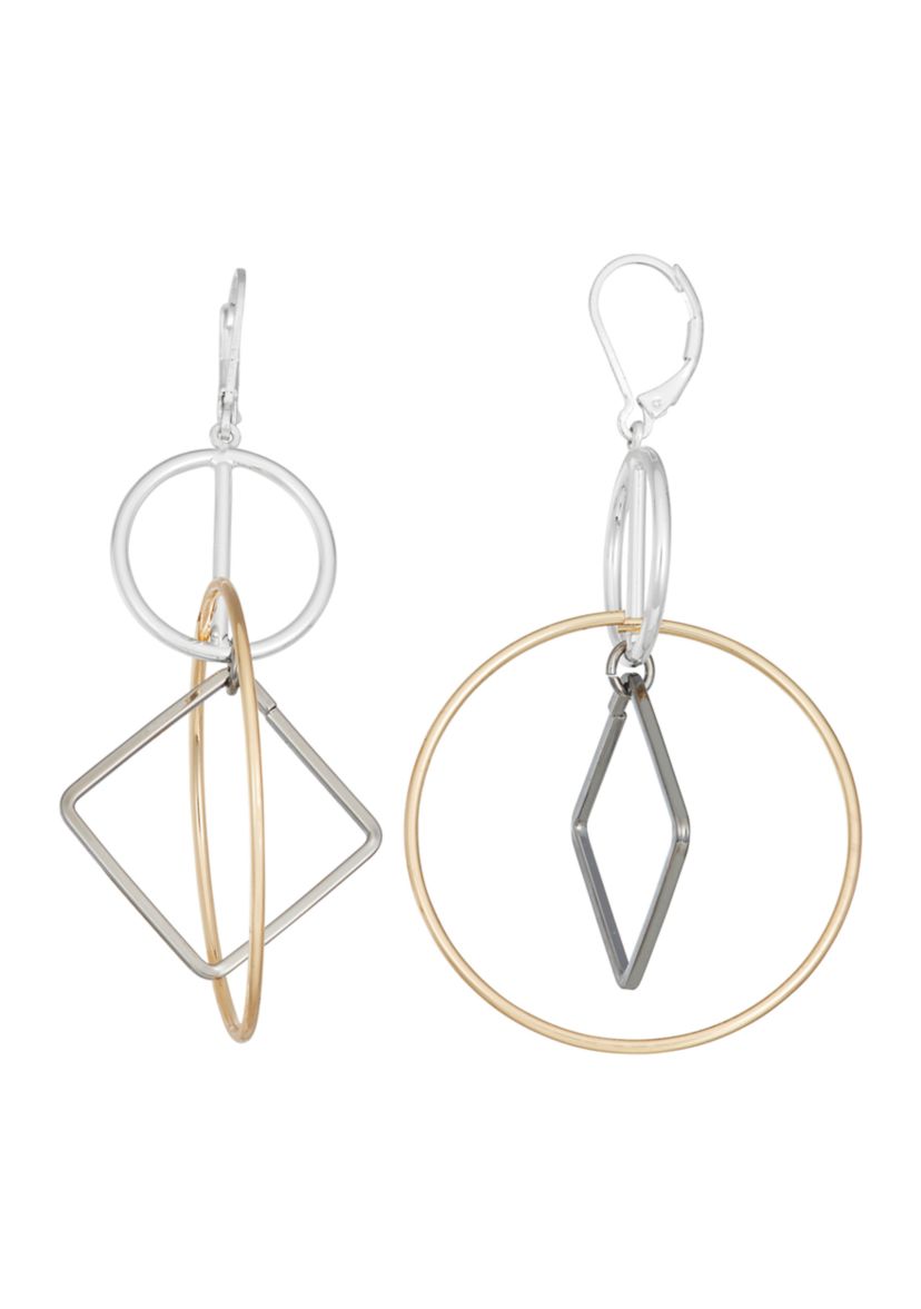 Tri-Tone Large Circle Square Orbital Earrings
