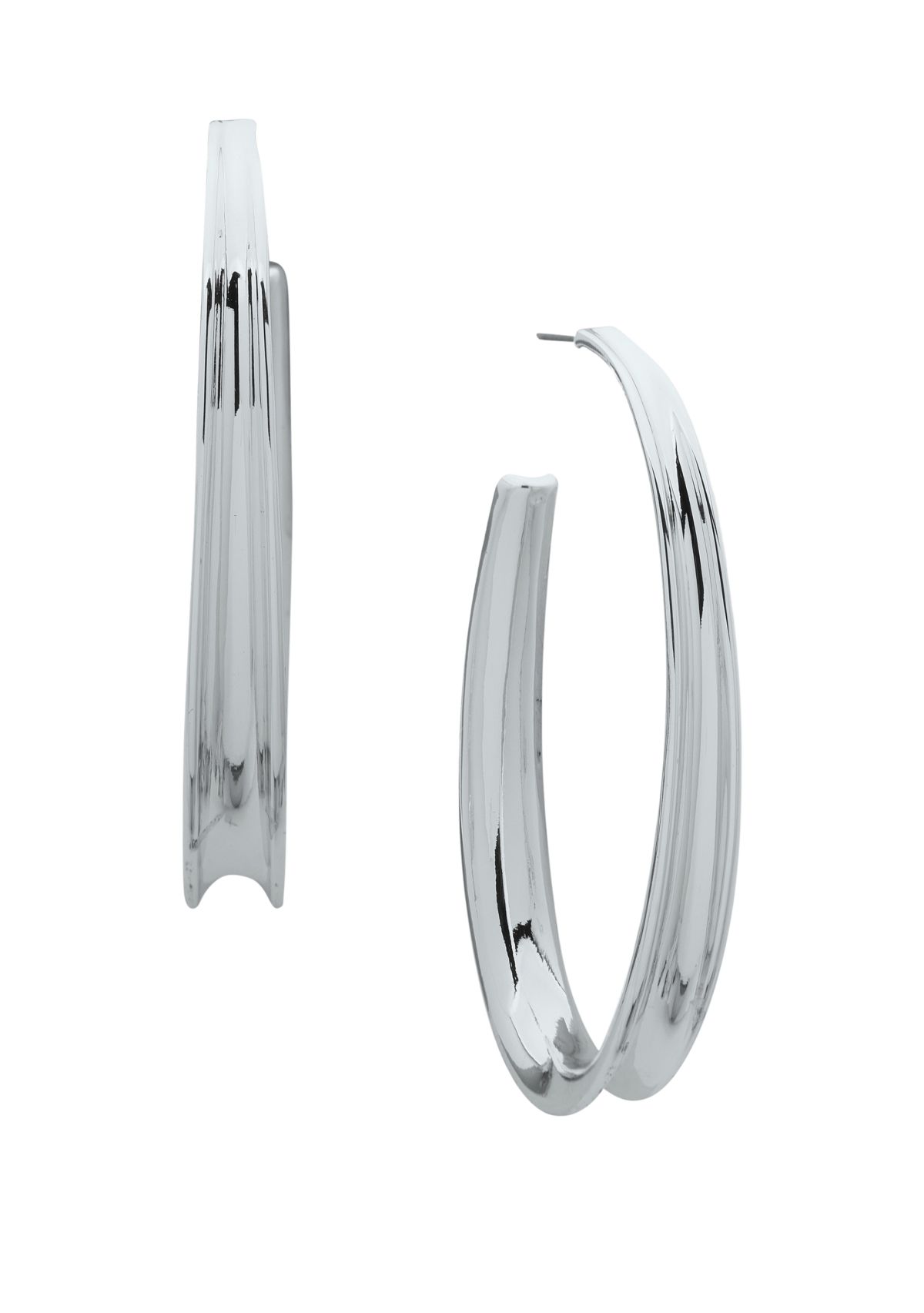 Silver Tone 68 Millimeter Convex Oval Hoop Earrings