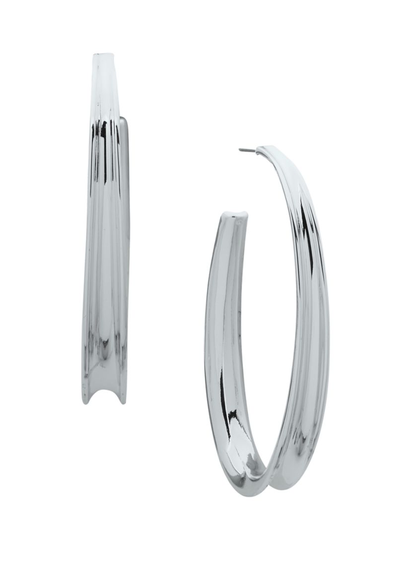 Silver Tone 68 Millimeter Convex Oval Hoop Earrings