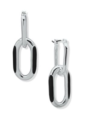 Silver Tone 10 Millimeter Black Link Drop Hoop Earrings