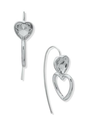 Silver Tone Crystal Double Heart Threader Earrings