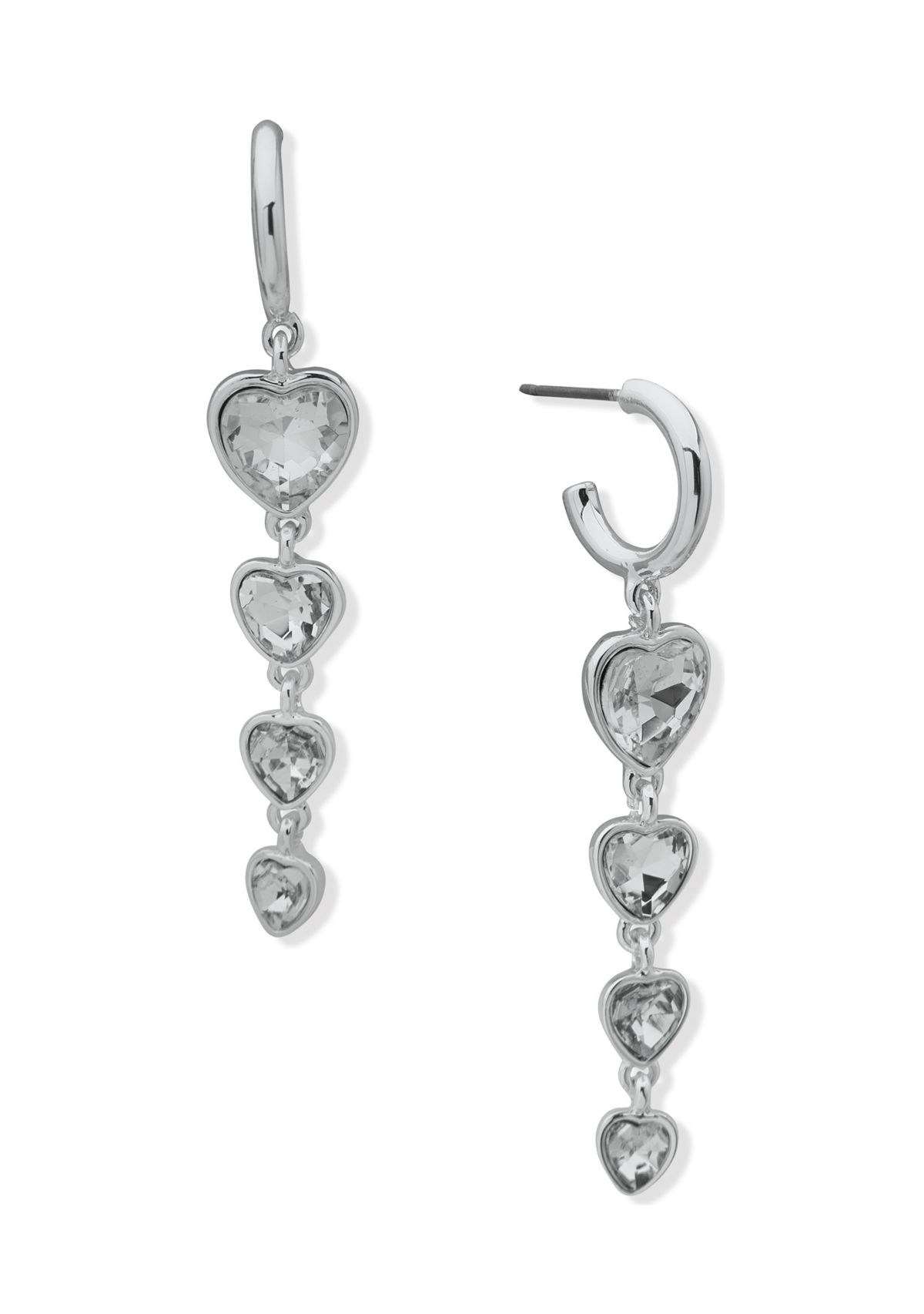 Silver Tone 13 Millimeter Crystal Heart Stone Linear Earrings