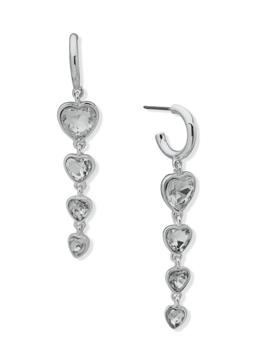Silver Tone 13 Millimeter Crystal Heart Stone Linear Earrings