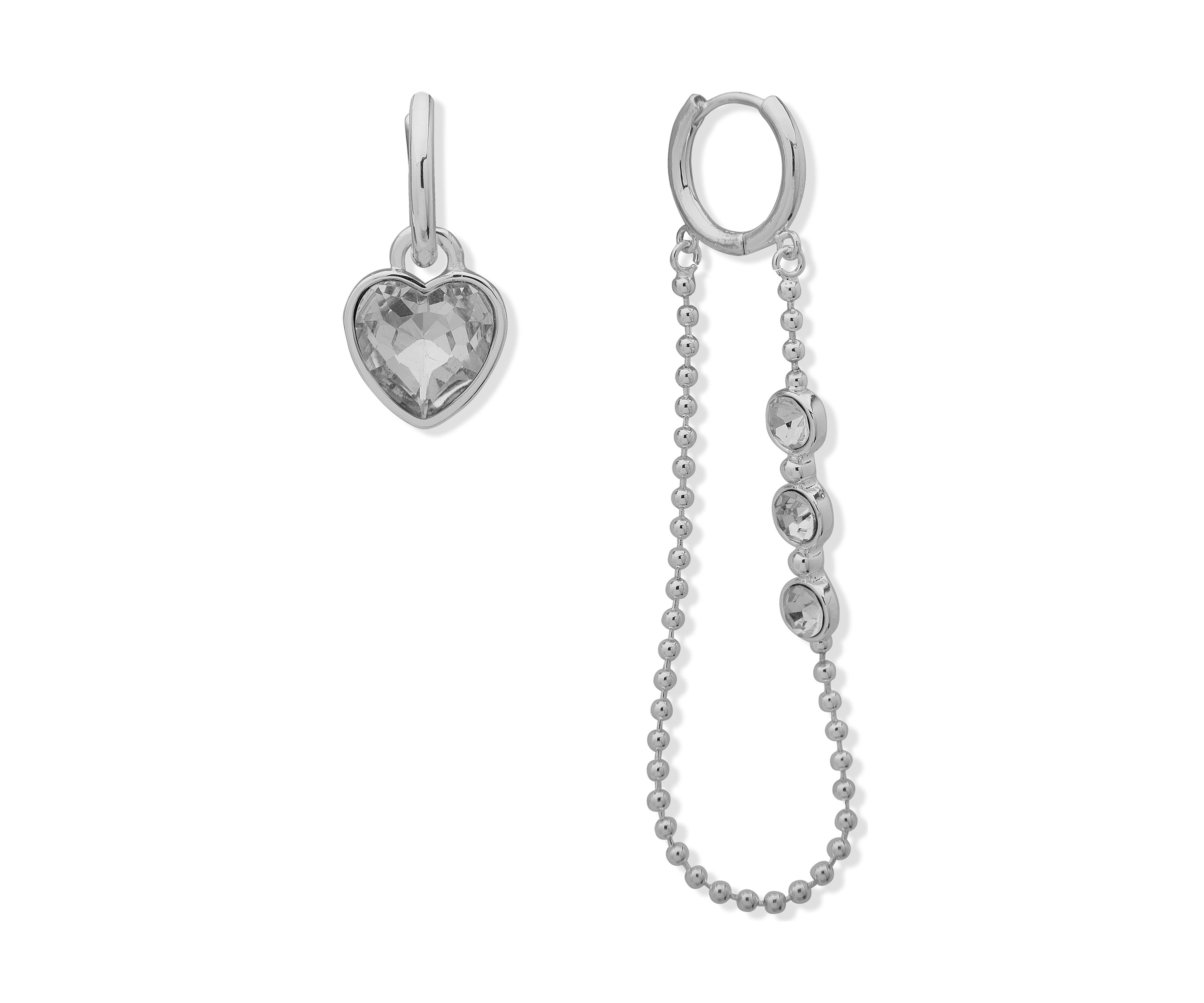 Silver Tone 28 Millimeter Crystal Huggie Chain Mismatch Earrings