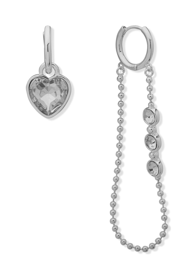 Silver Tone 28 Millimeter Crystal Huggie Chain Mismatch Earrings