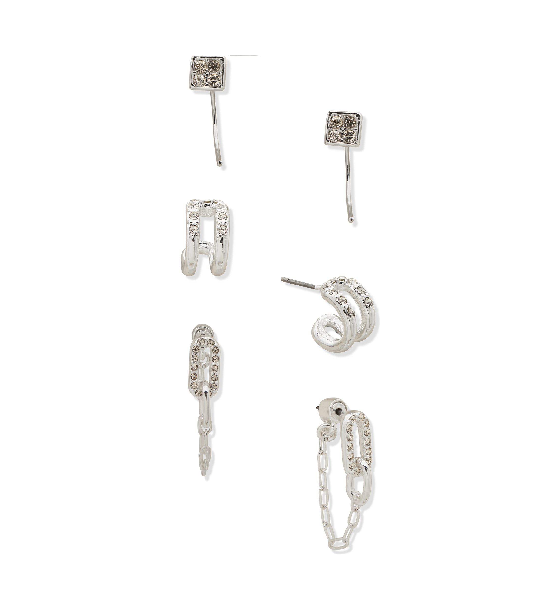 Silver Tone Crystal Pavé Trio Earrings
