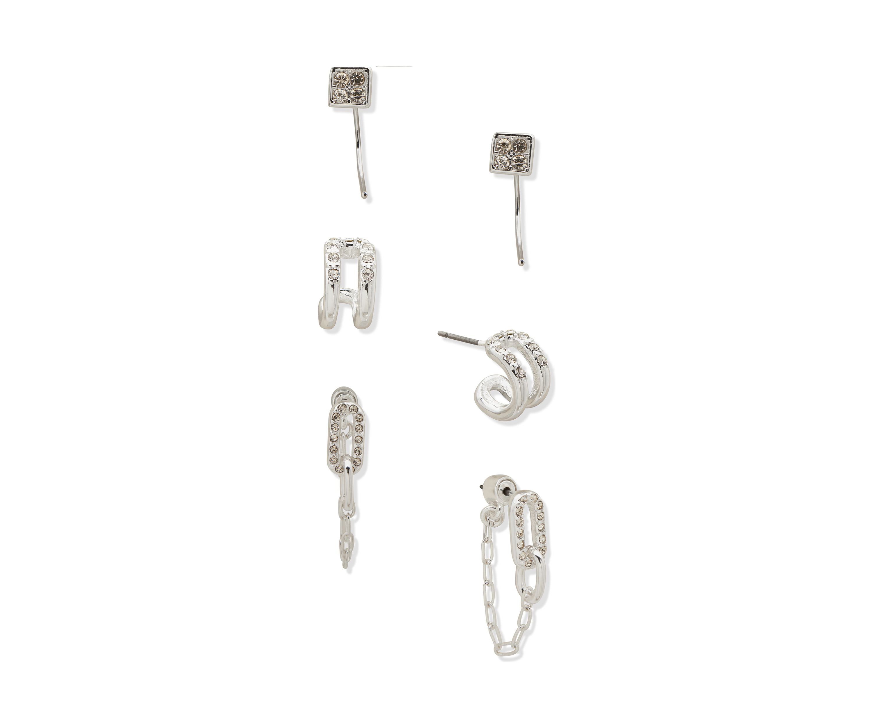 Silver Tone Crystal Pavé Trio Earrings