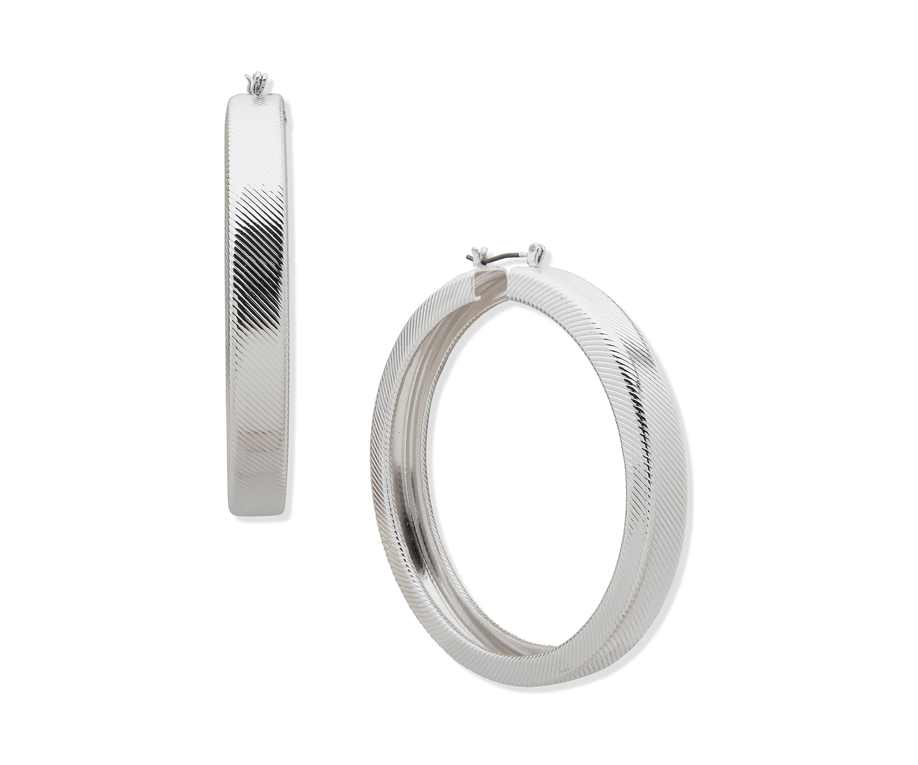 Silver Tone Textured Click Top Hoop Earrings