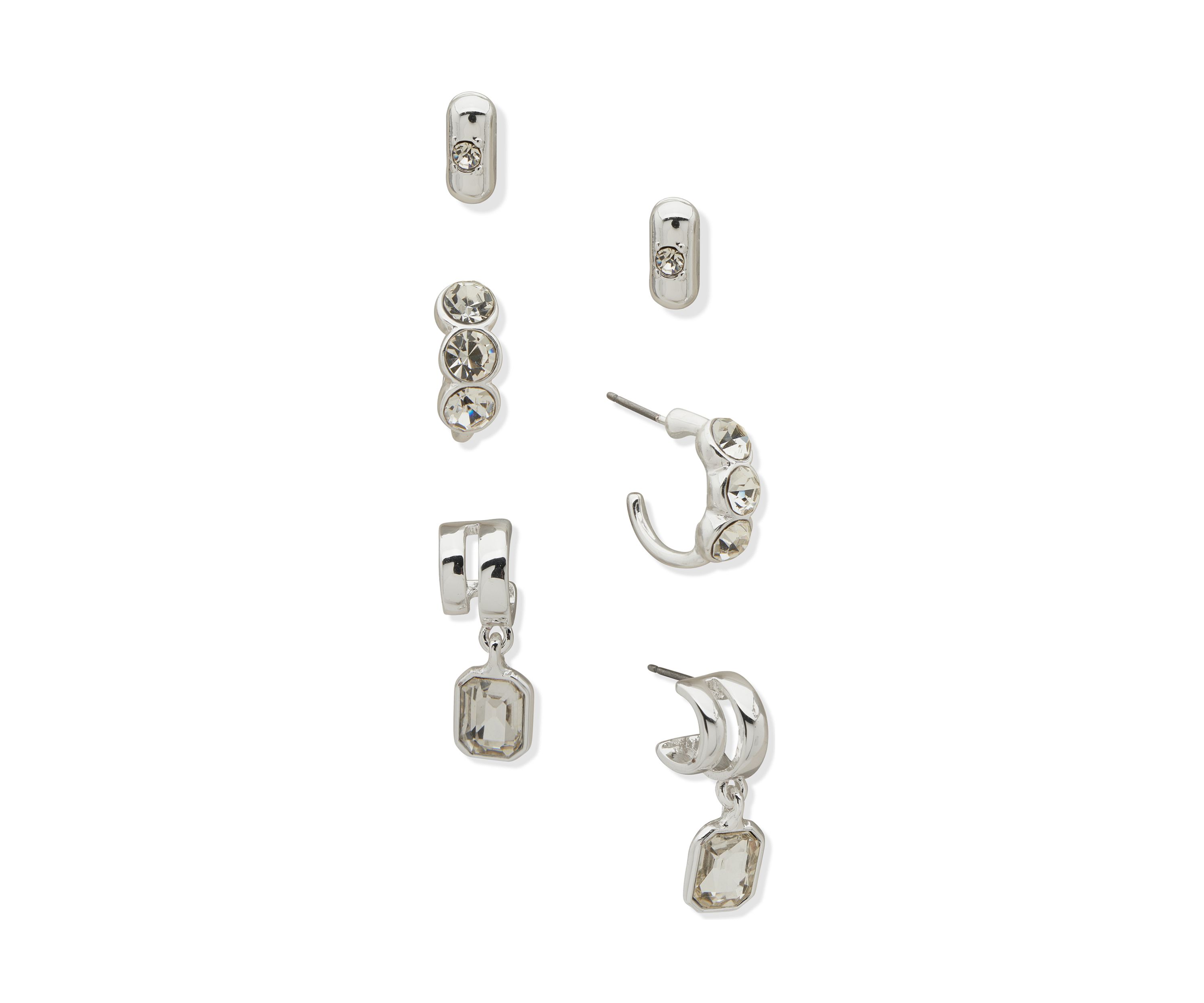 Silver Tone Crystal Mini Hoop Trio Earrings Set