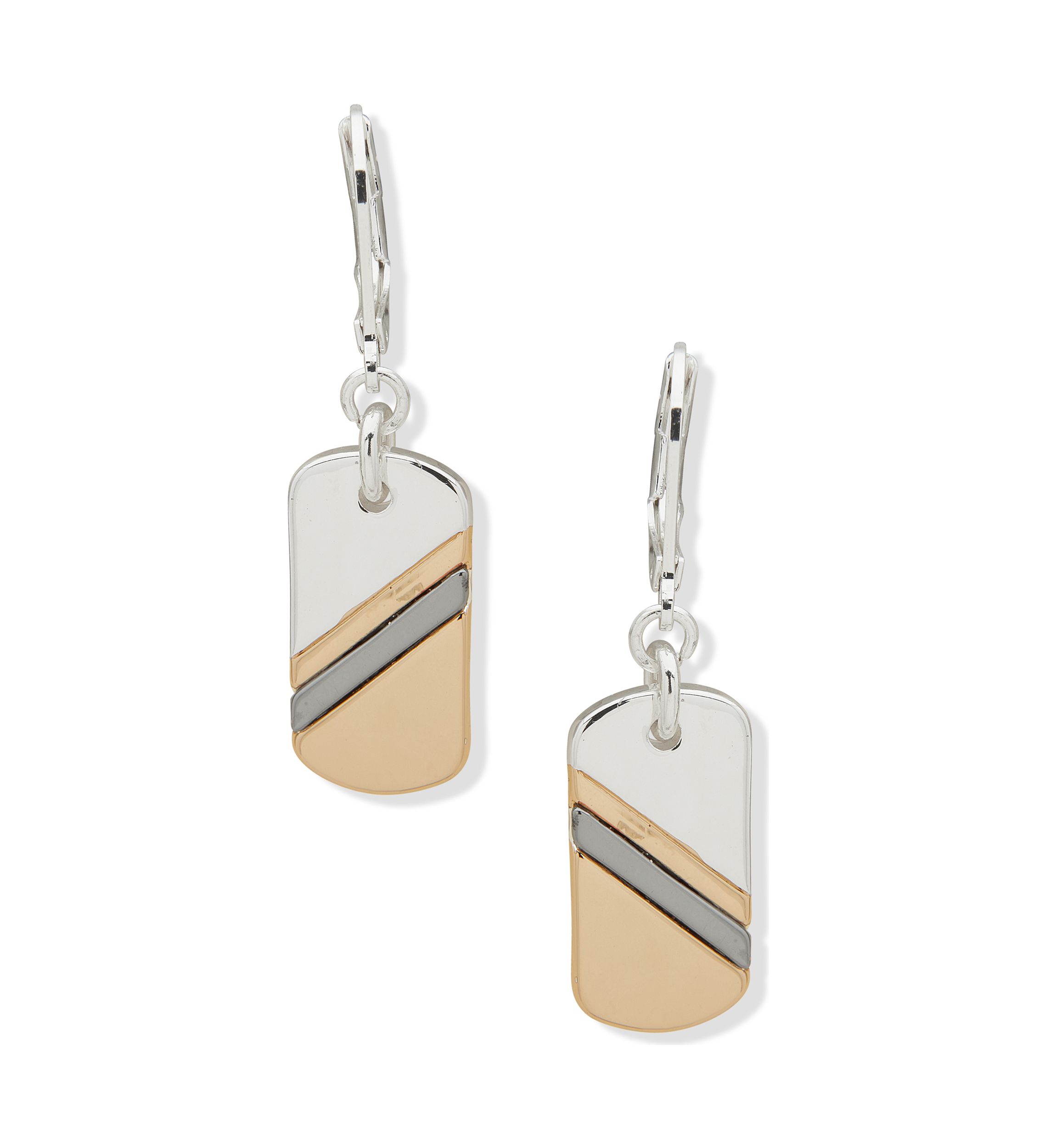Gold Tone Tri Tone Dog Tag Drop Earrings