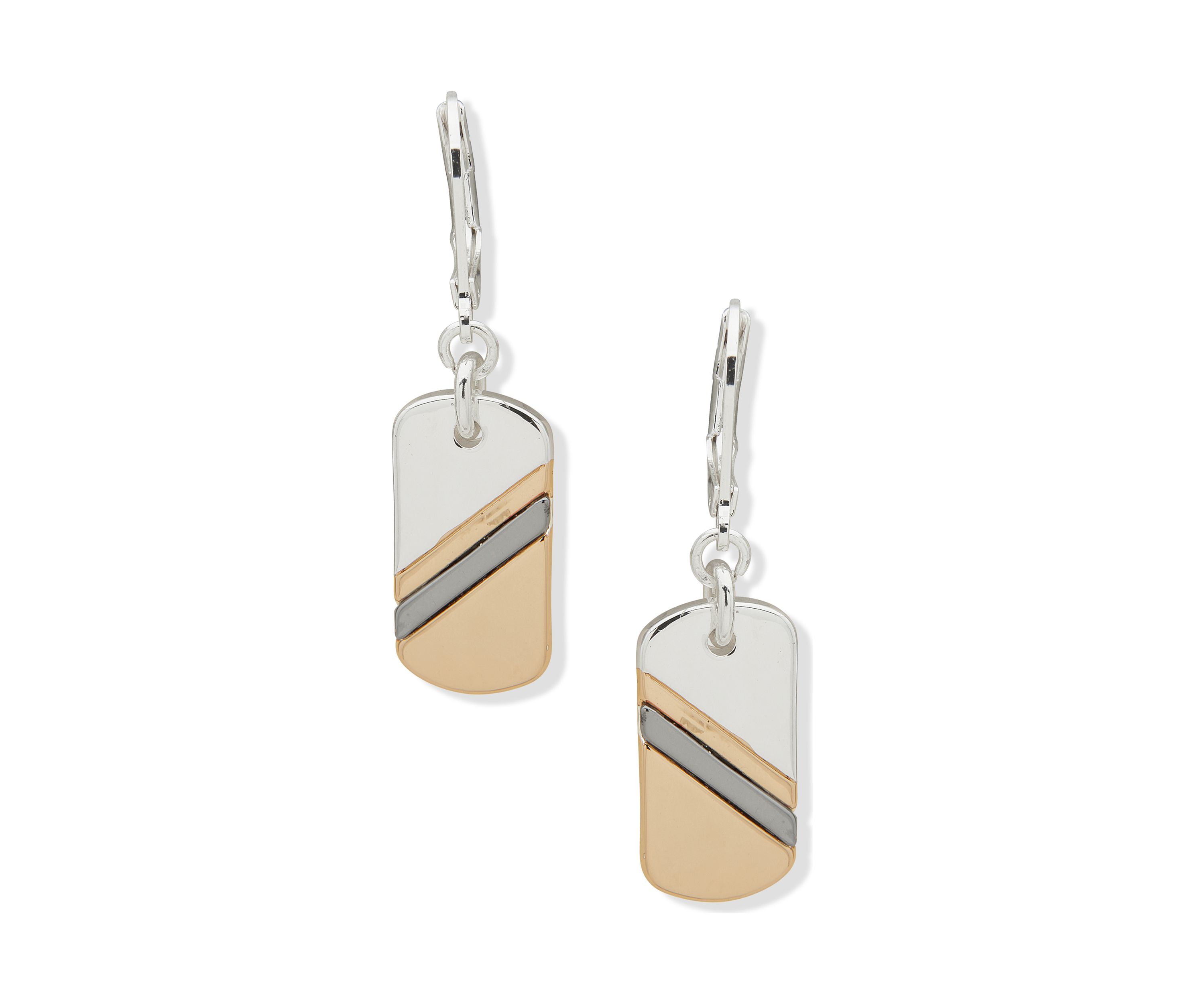 Gold Tone Tri Tone Dog Tag Drop Earrings