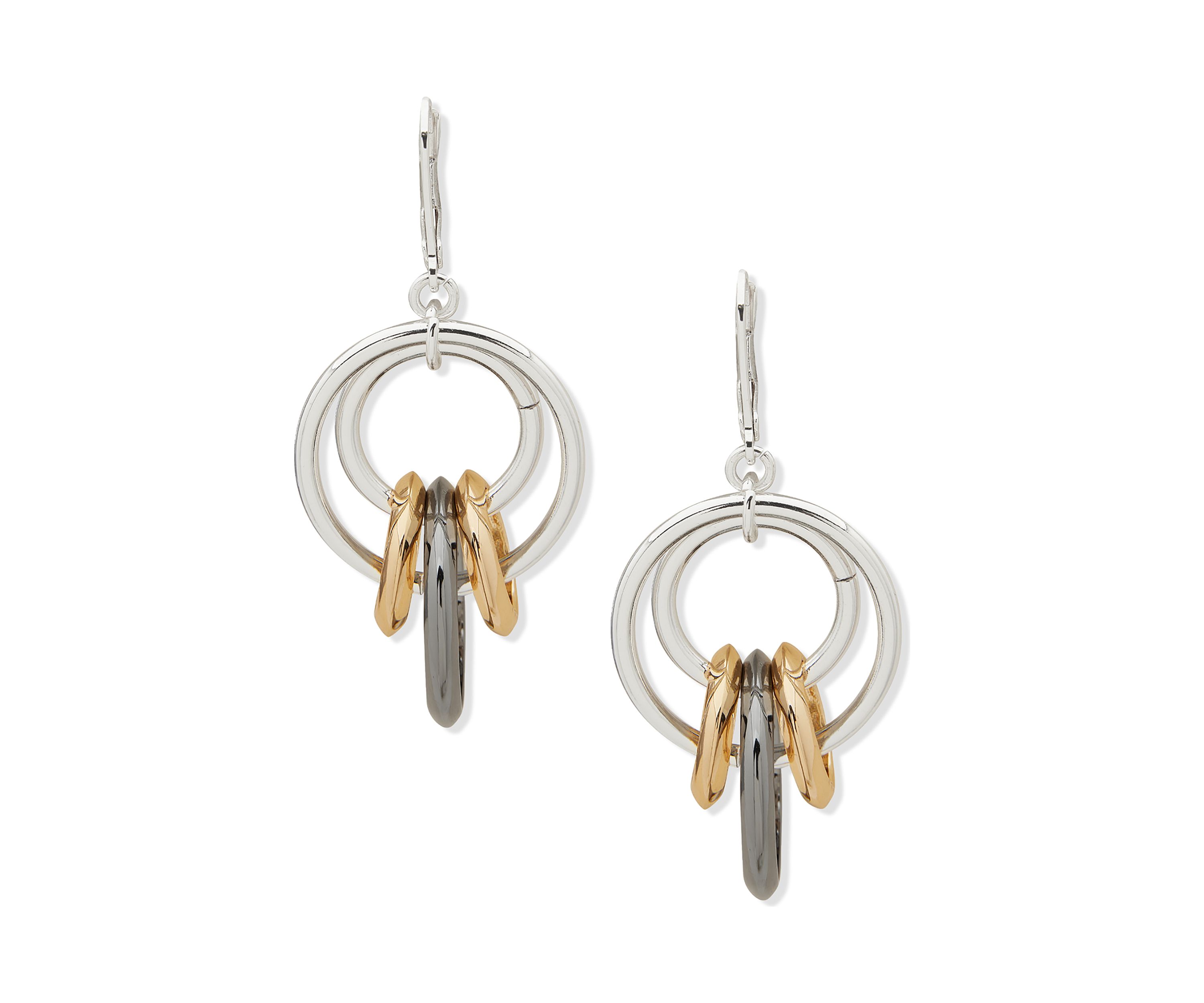 Tri Tone Link Drop Lever Back Earrings