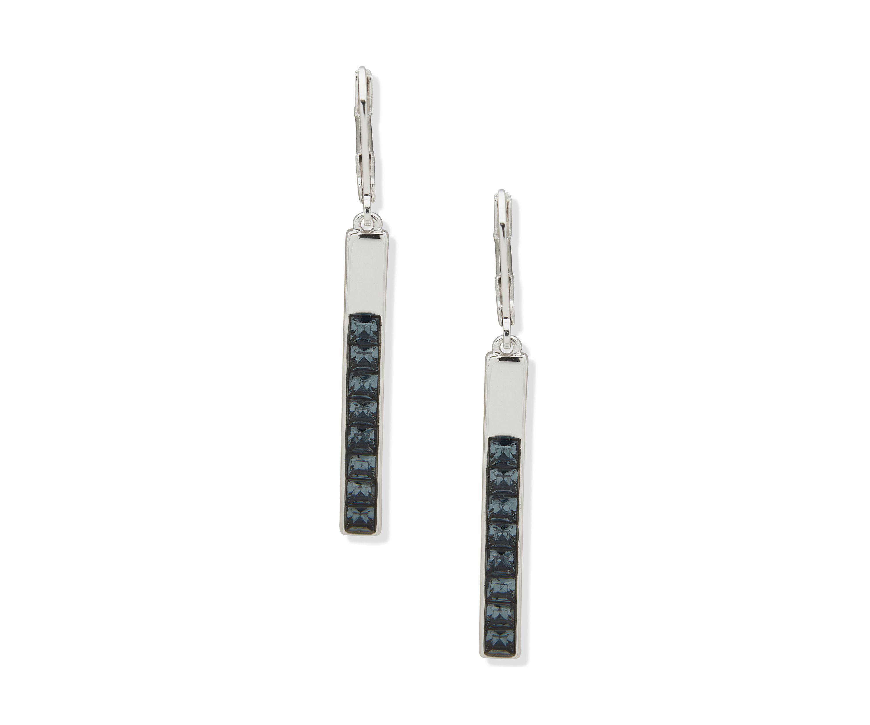 Silver Tone Denim Blue Bar Drop Lever Back Earrings