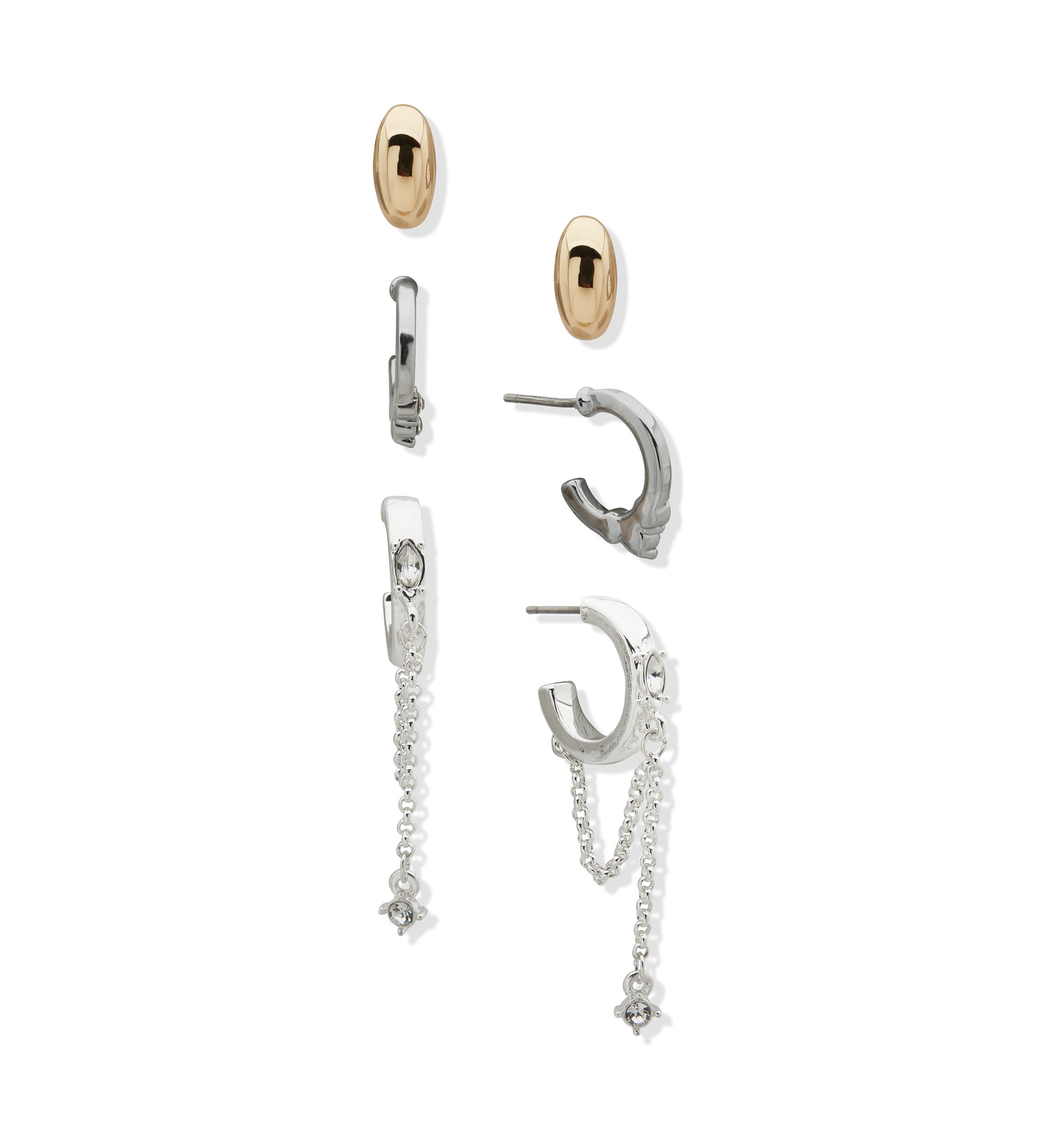 Tri Tone Crystal C Hoop Trio Earrings Set