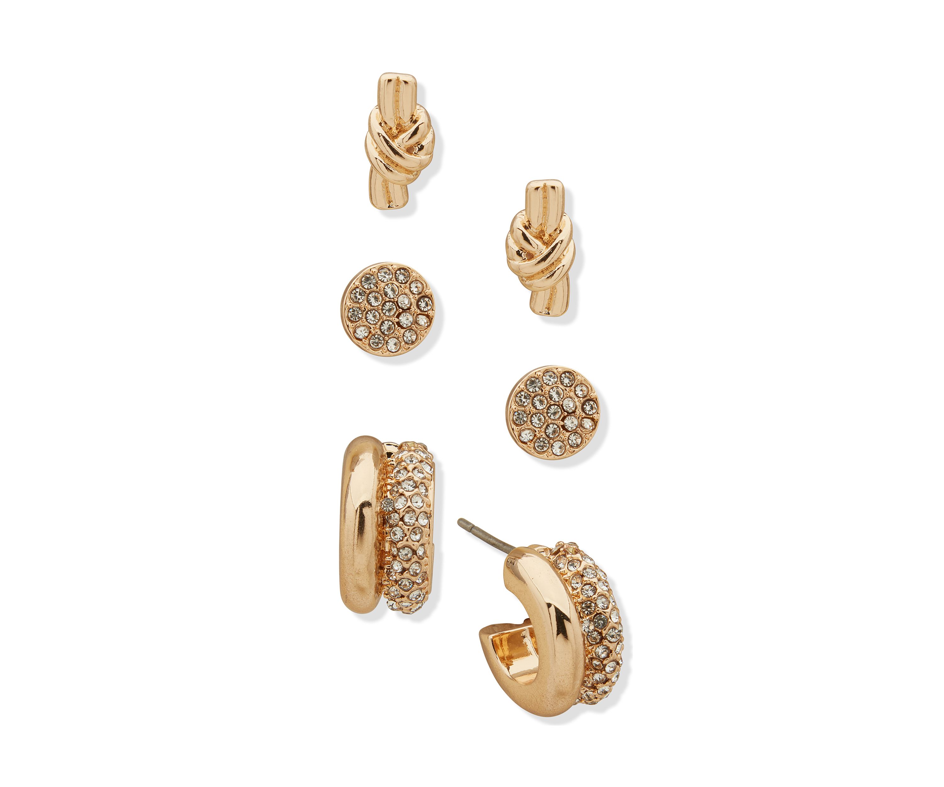 Gold Tone Crystal Knot Trio Earring Set