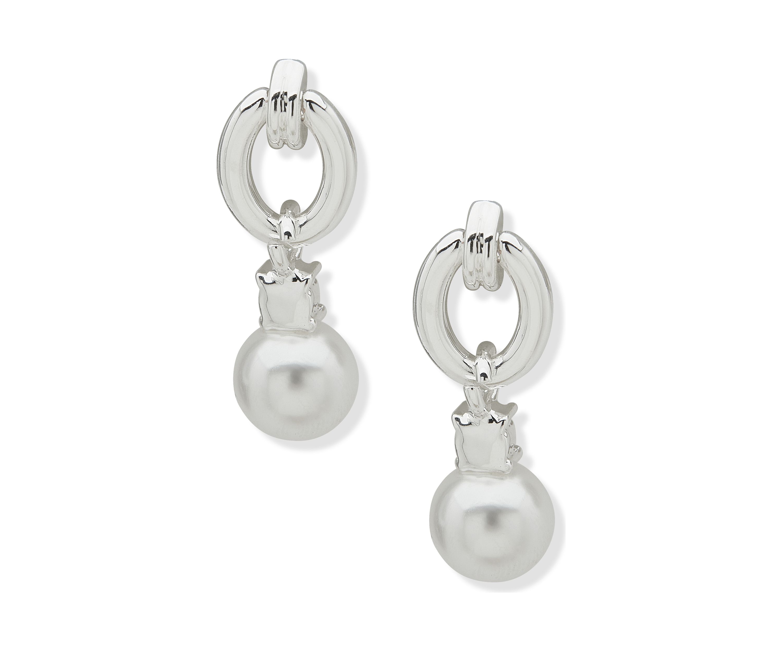 Silver Tone Pearl Crystal Link Drop Post Earrings
