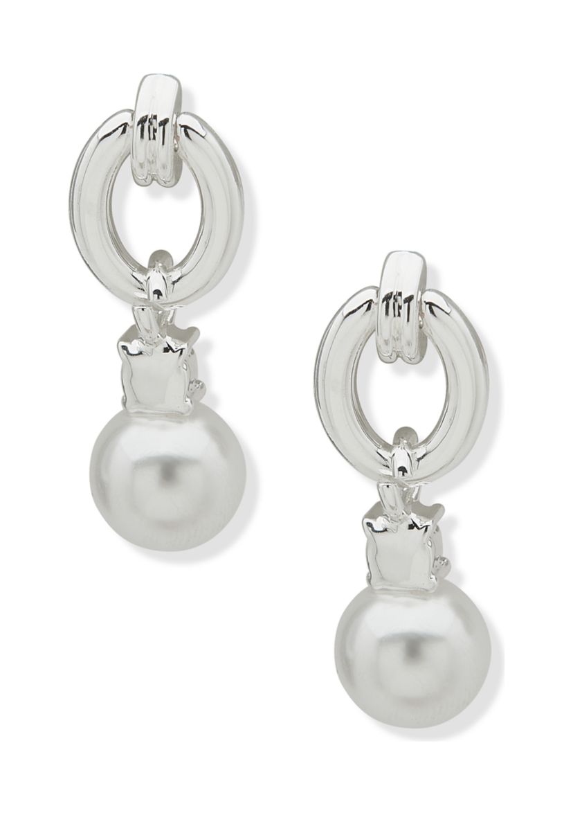 Silver Tone Pearl Crystal Link Drop Post Earrings