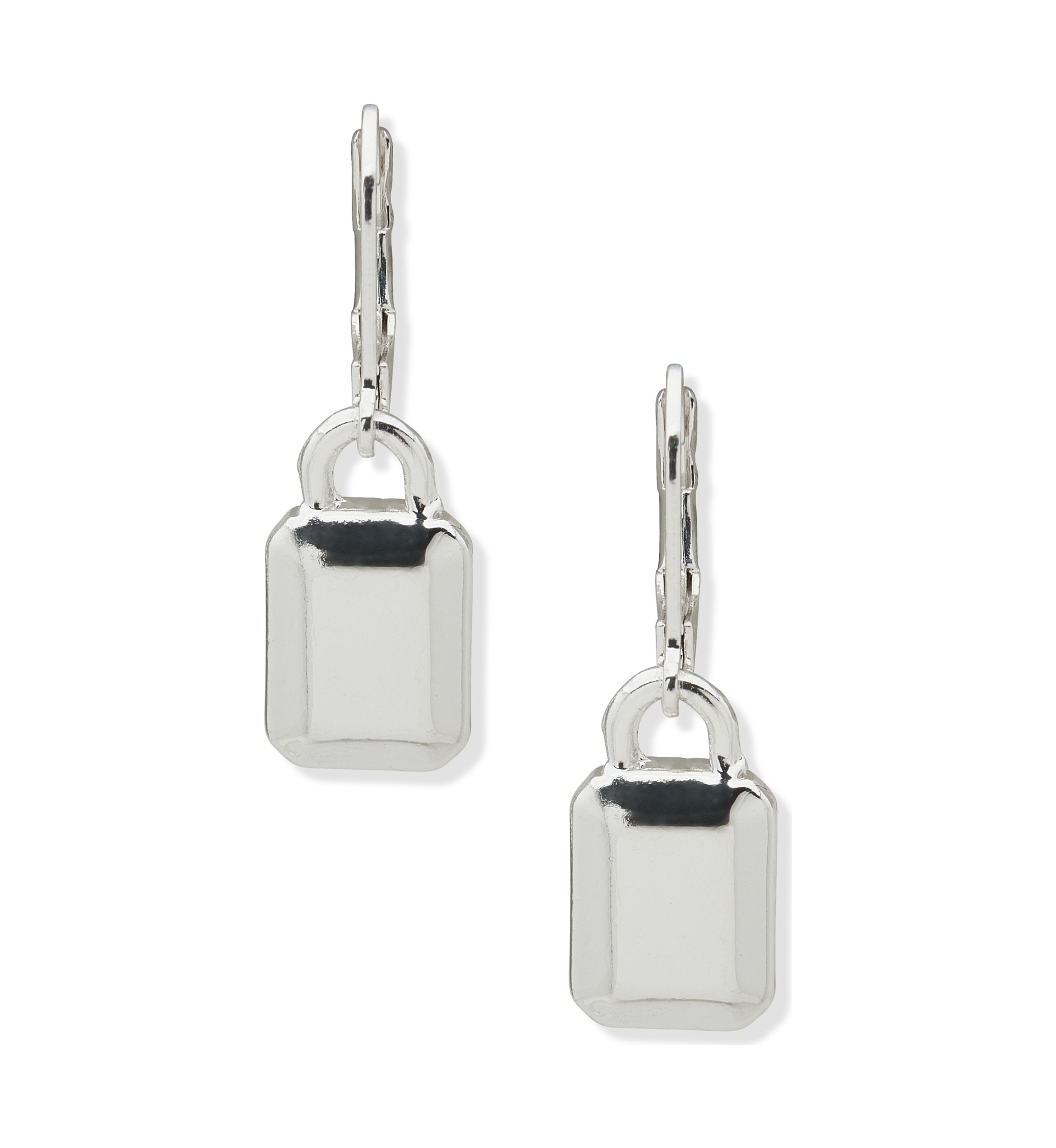 Silver Tone Padlock Lever  Back Earrings