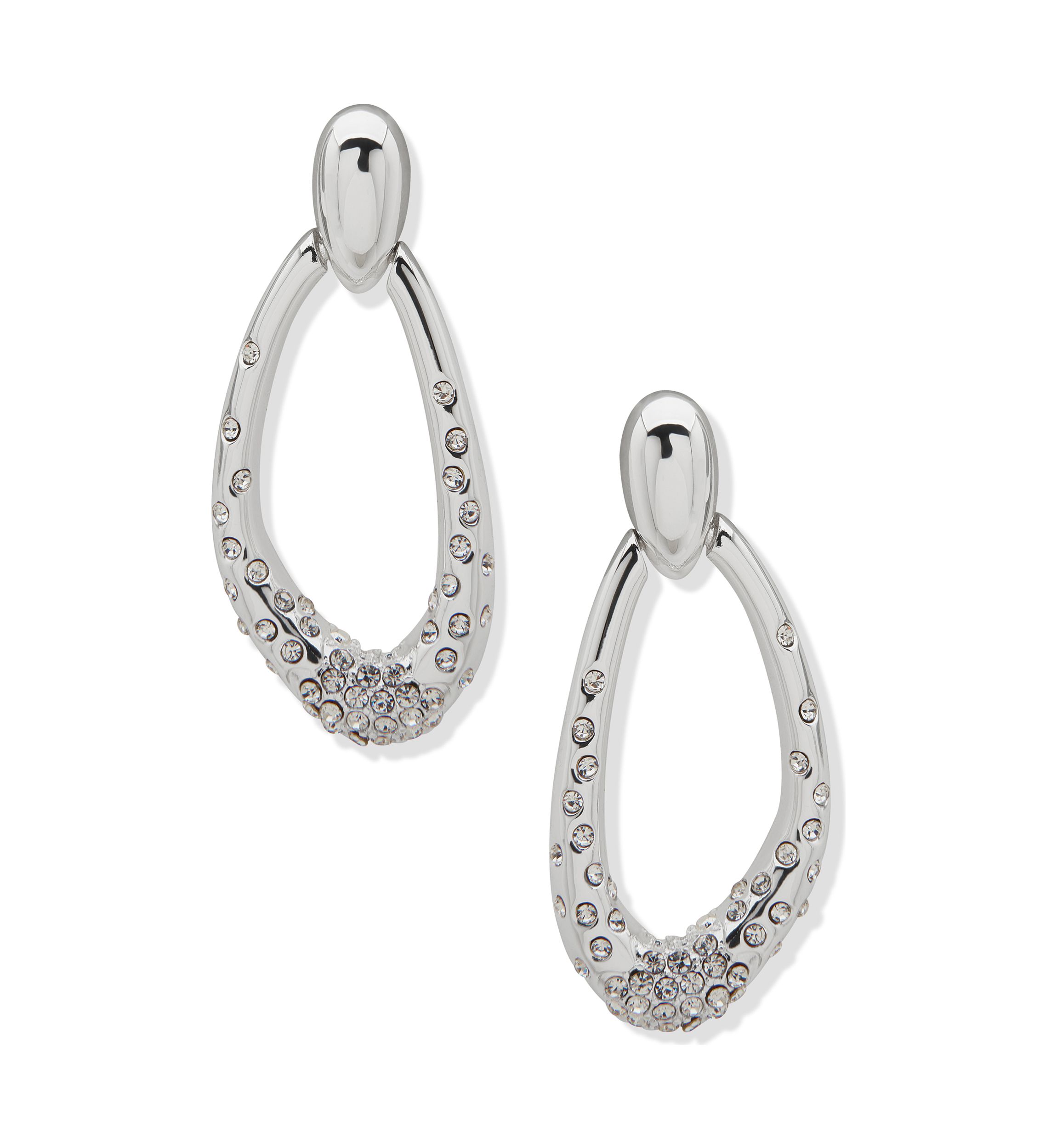 Silver Tone Crystal Pave Doorknocker Post Earrings