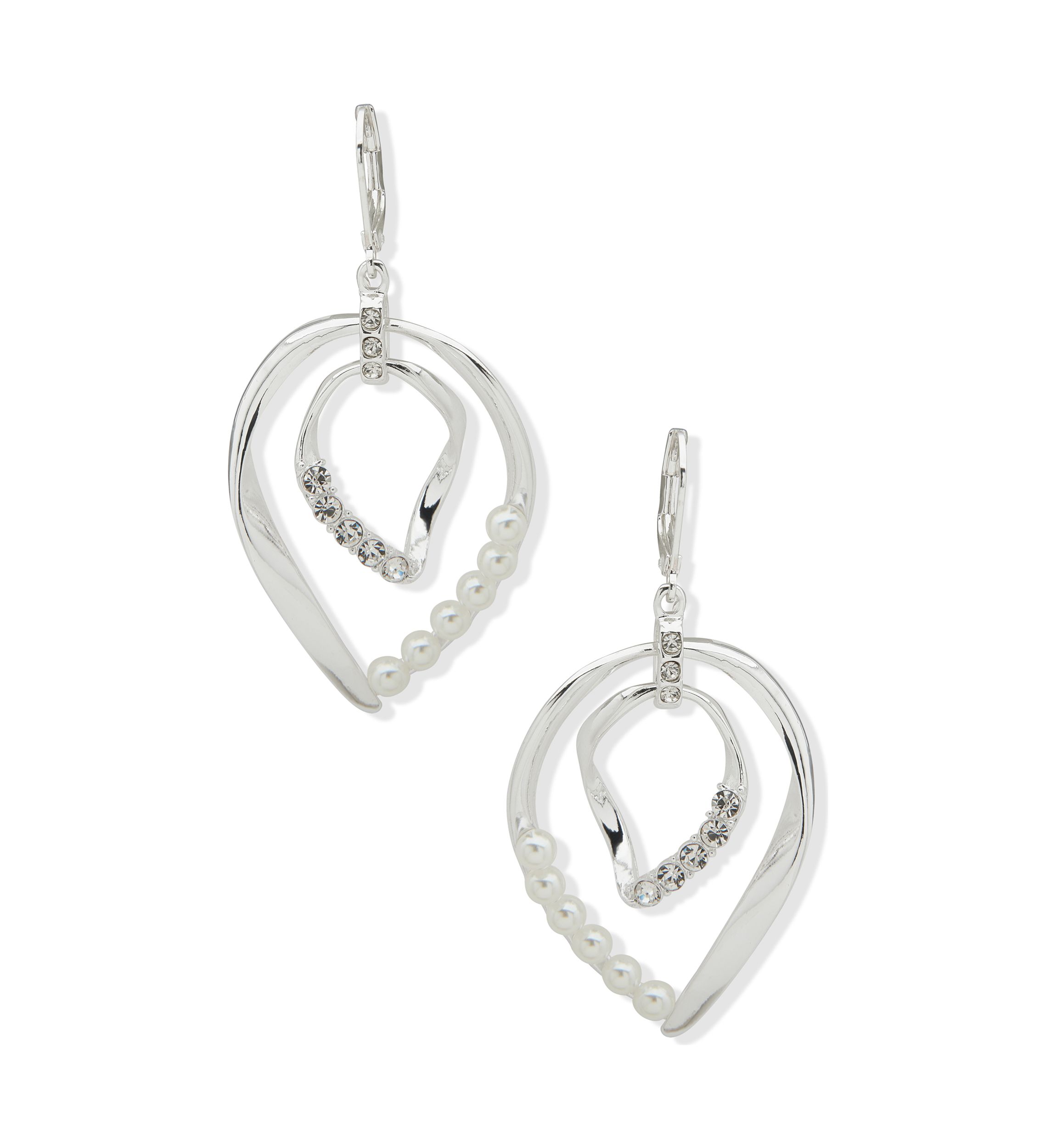 Silver Tone Pearl Crystal Drop Lever Back Earrings