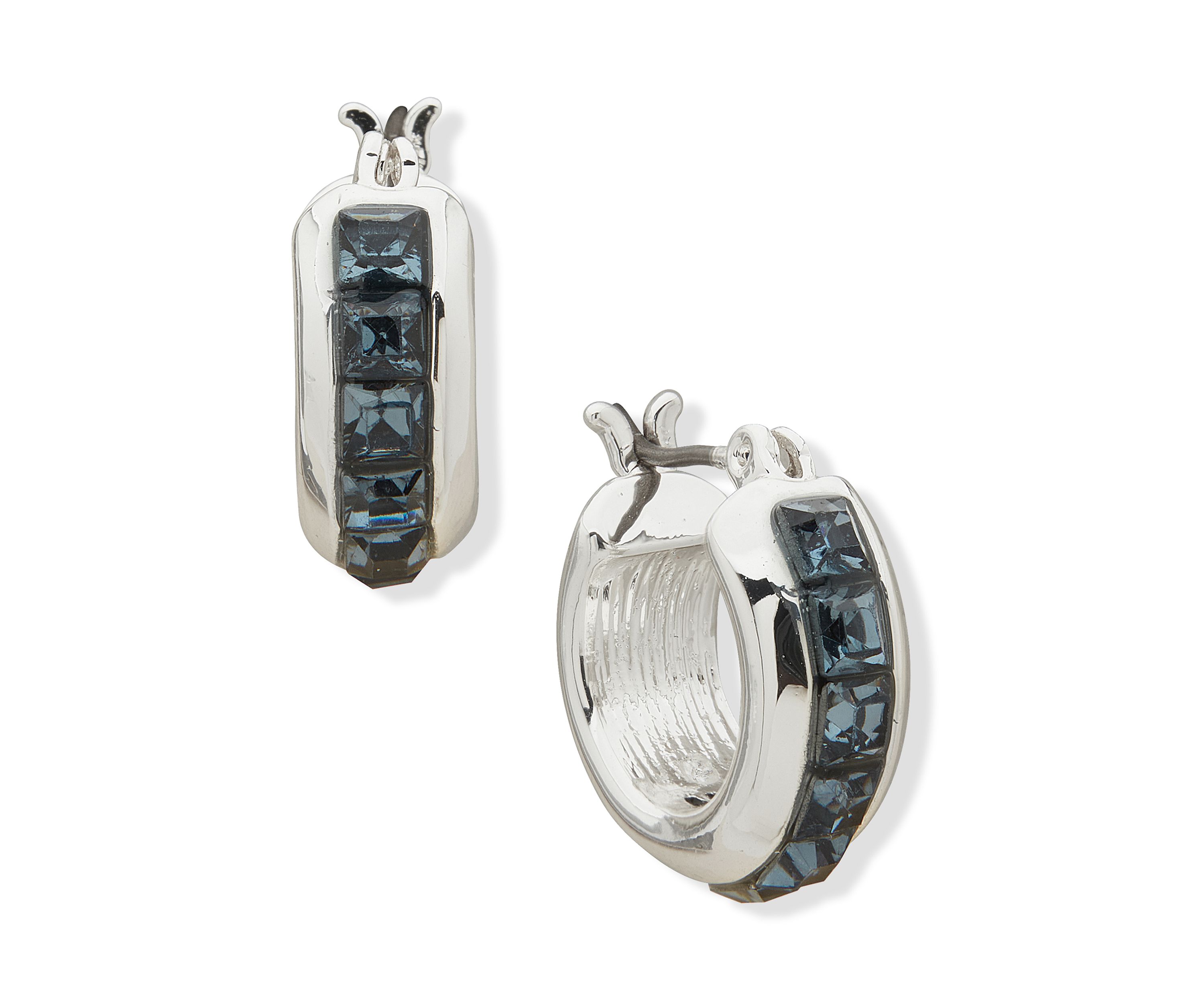 Silver Tone Denim Blue Huggie Hoop Earrings