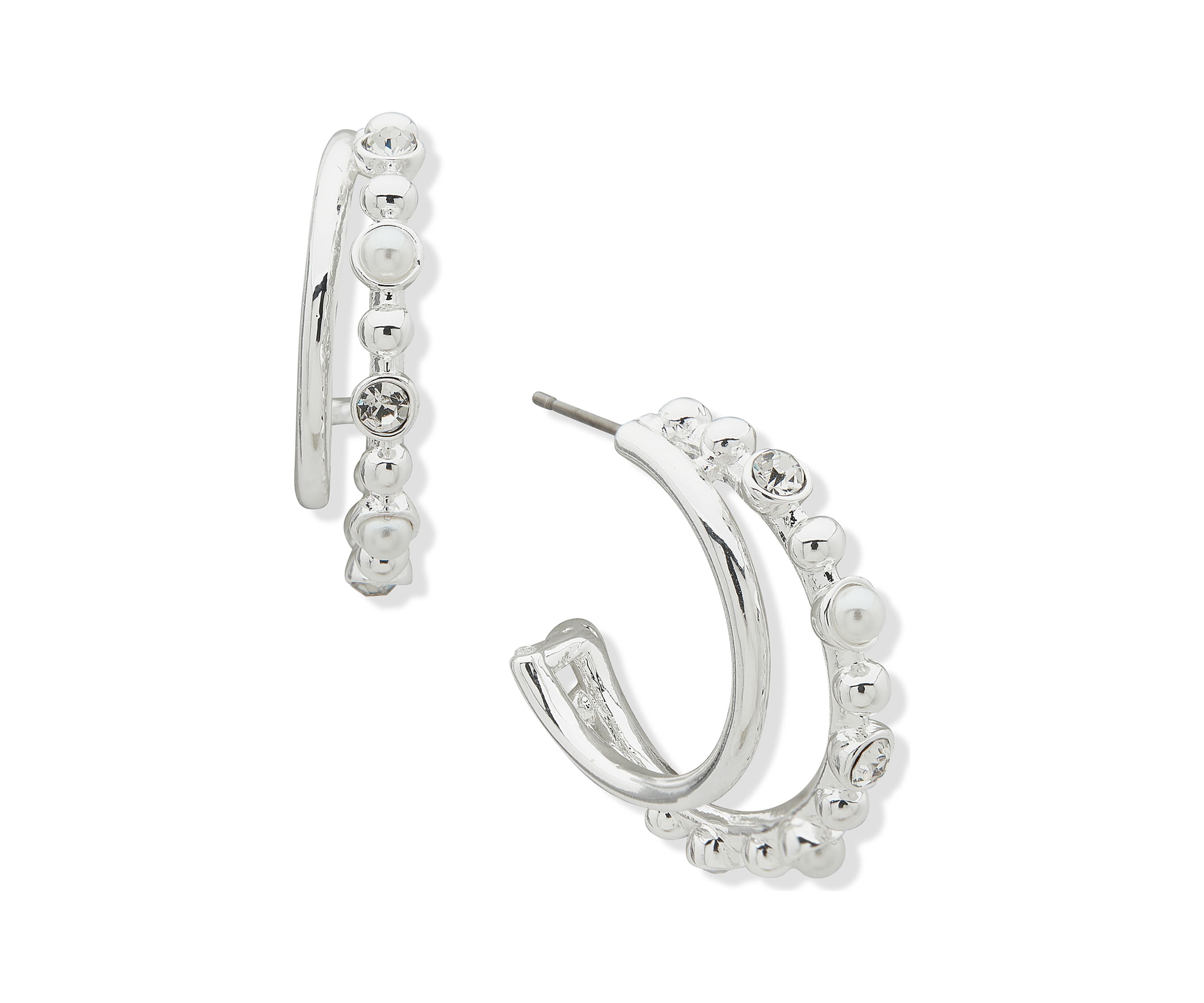 26 Millimeter Silver Tone Pearl Crystal Double Hoop Earrings