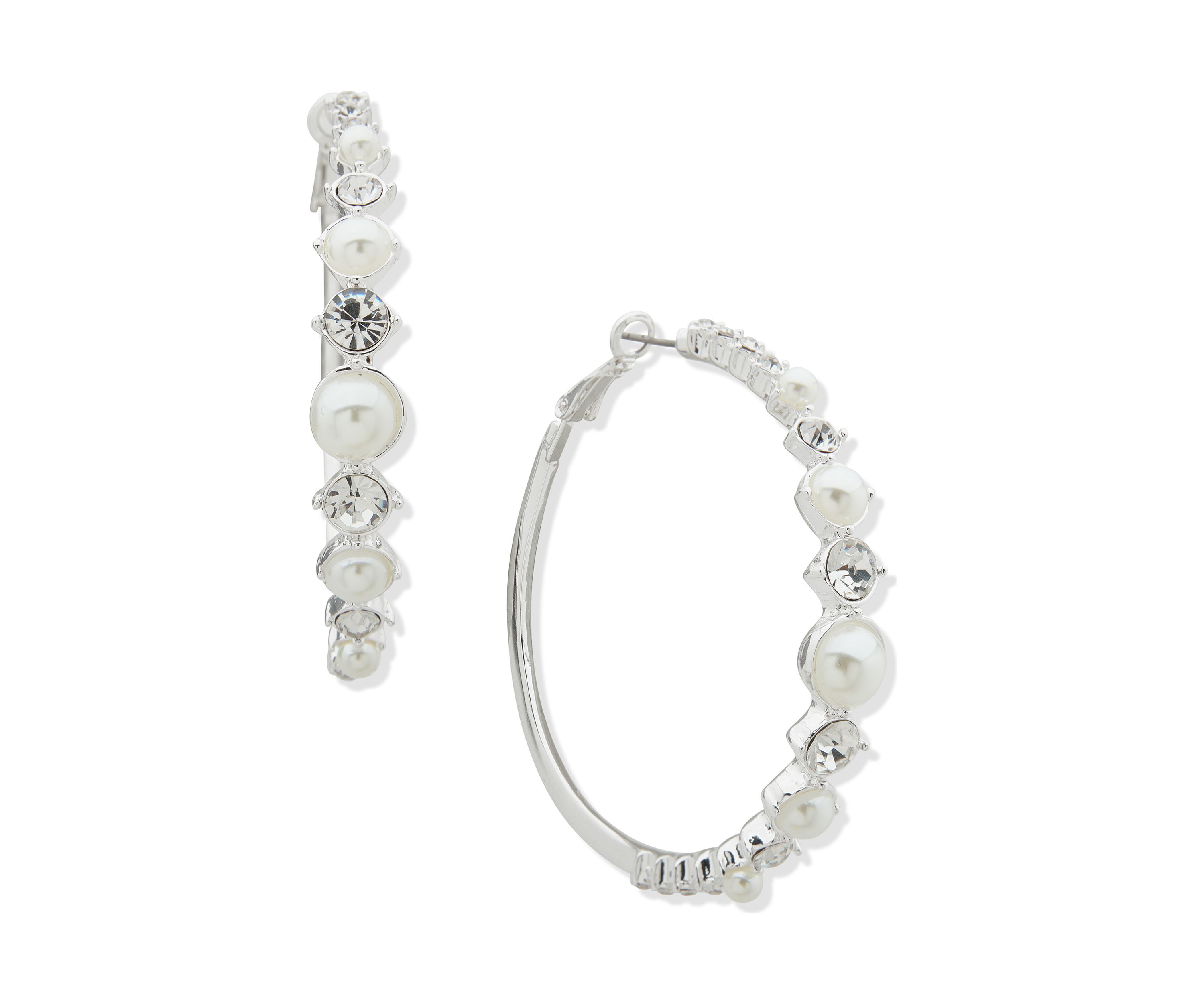Silver Tone Pearl Crystal 59 Millimeter Click Top Hoop Earrings