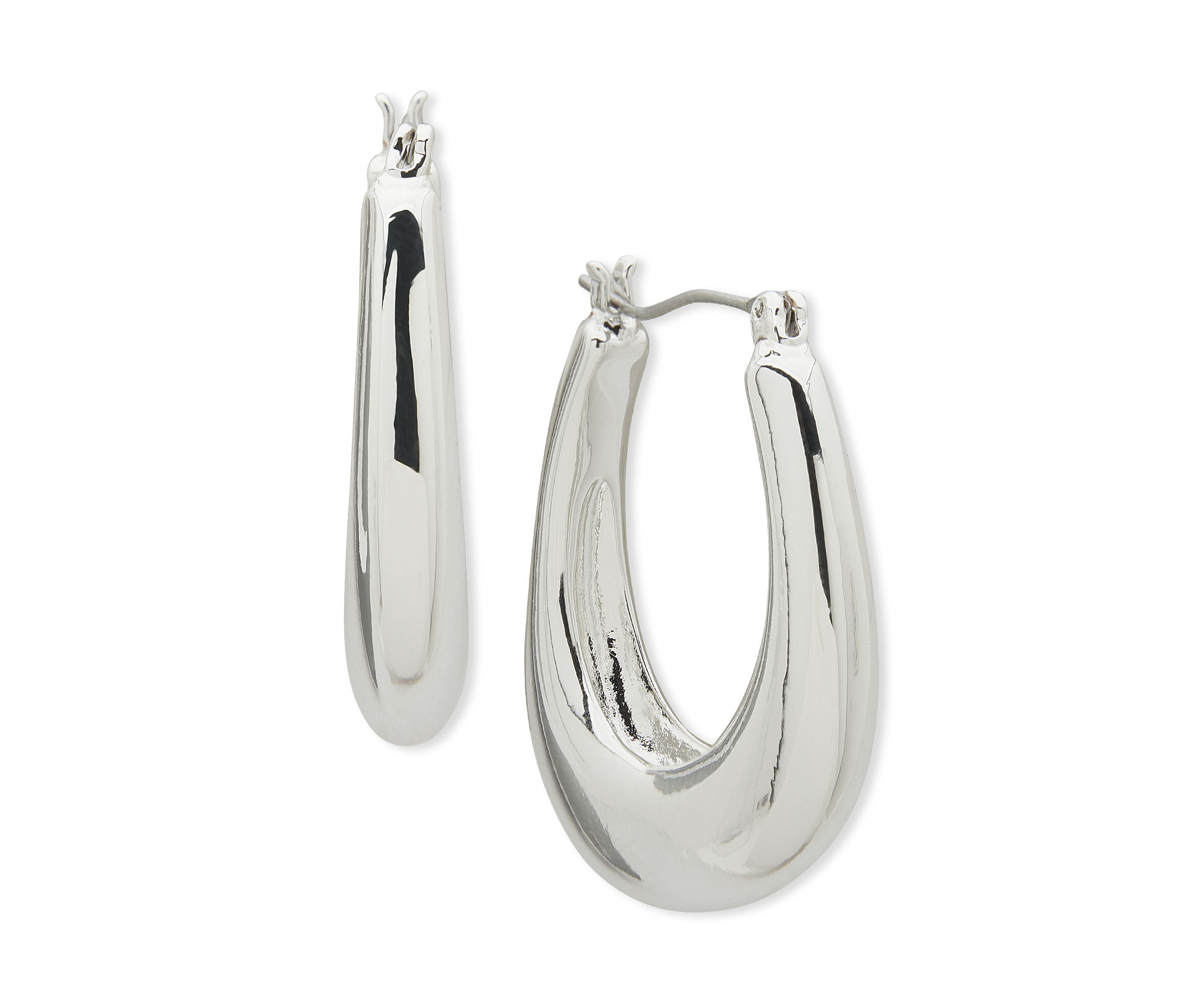 Silver Tone Puffy Click Top Hoop Earrings