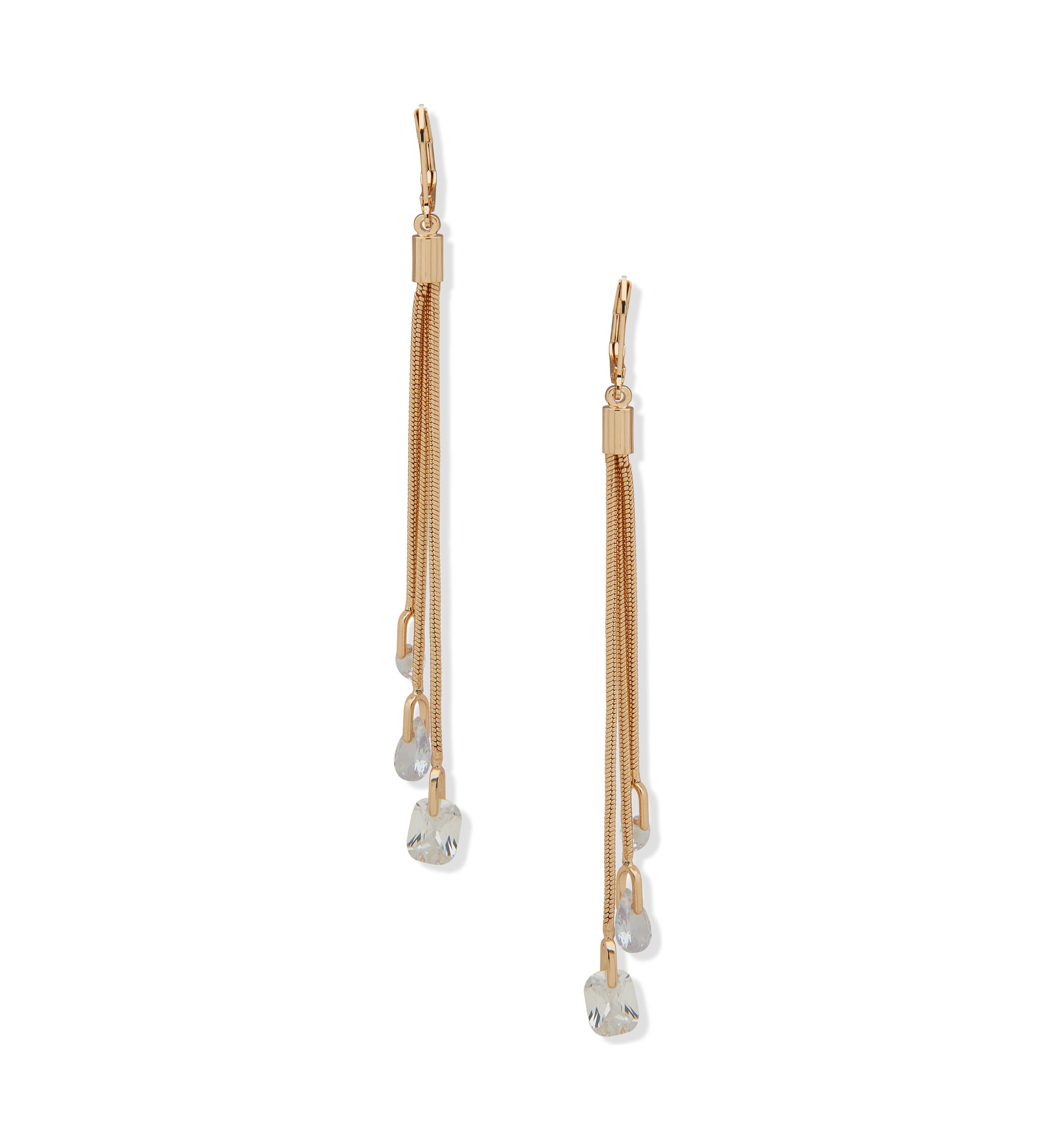 Gold Tone Crystal Tassel Linear Earrings