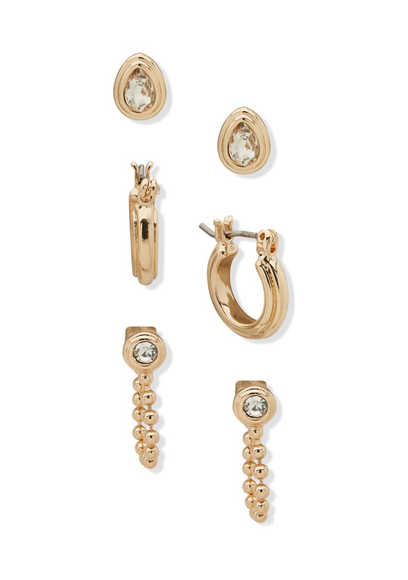 Gold Tone Crystal Trio Earrings Set